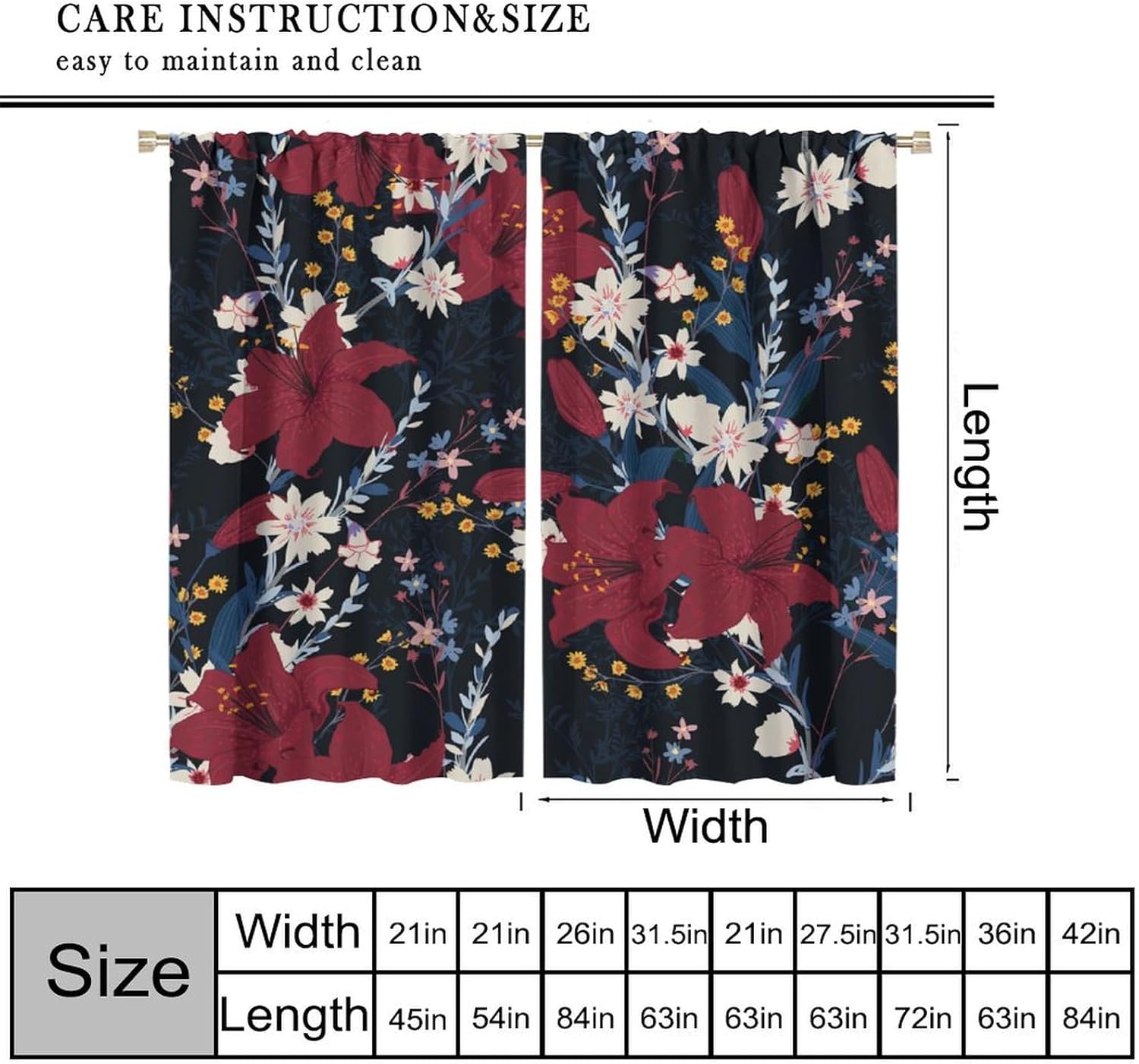 Boho Floral Blackout Curtains, Vintage Red Beautiful Flowers Hand Painted Art Aesthetic Rustic Style Print Rod Pocket Window Treatments Drapes for Bedroom Living Room Kitchen 42x45in