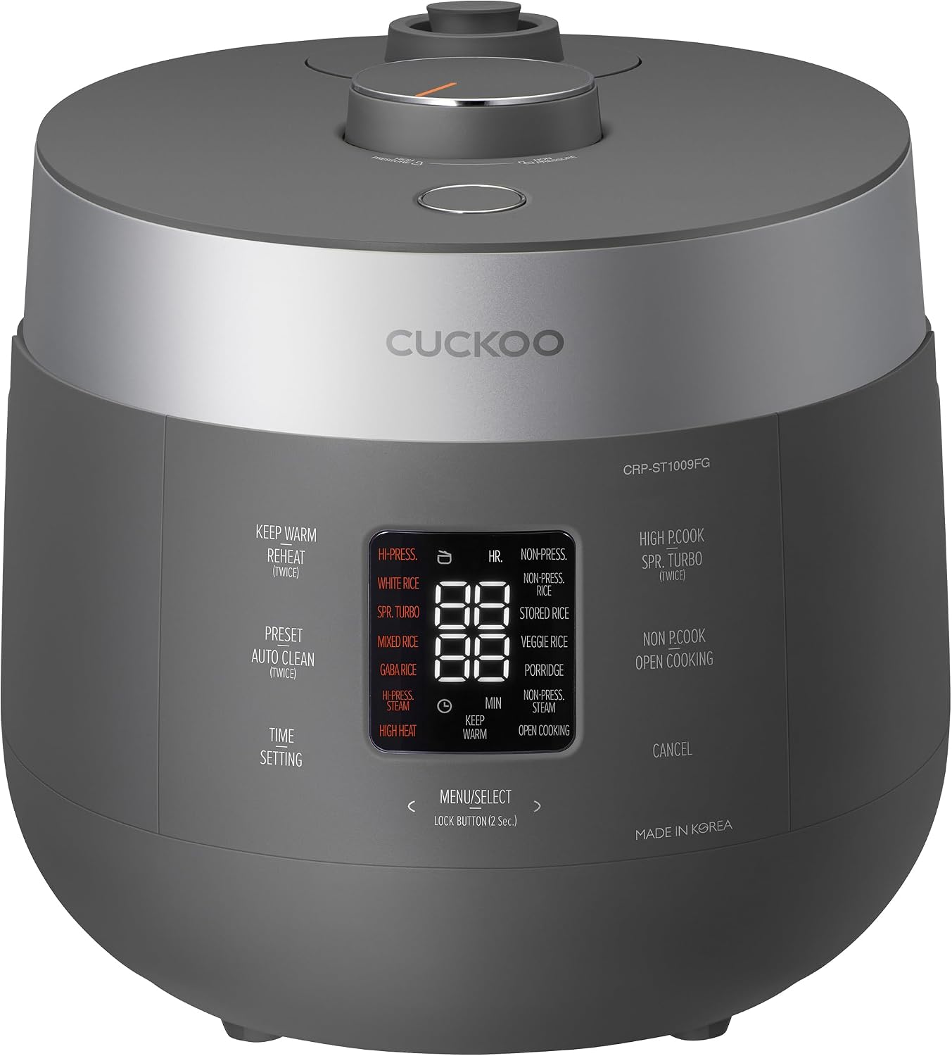 CUCKOO Twin Pressure Rice Cooker 10-Cup Uncooked / 20-Cup Cooked with Nonstick Inner Pot, Large Rice Maker & Warmer with 16 Menu Options, Open Cooking Mode, Voice Guide, Gray (CRP-ST1009FG)