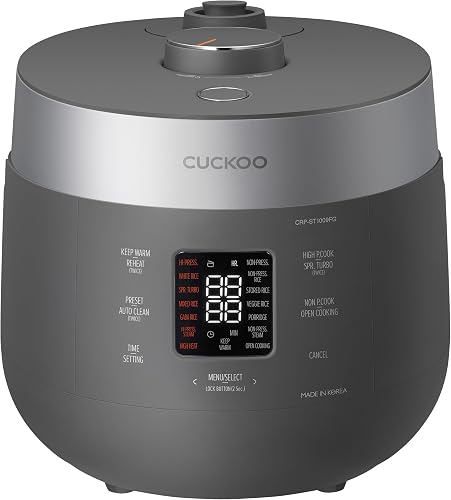 CUCKOO Twin Pressure Rice Cooker 10-Cup Uncooked / 20-Cup Cooked with Nonstick Inner Pot, Large Rice Maker & Warmer with 16 Menu Options, Open Cooking Mode, Voice Guide, Gray (CRP-ST1009FG)