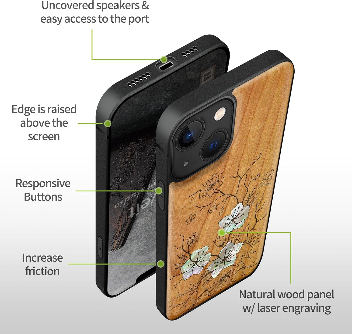 Carveit Designer Wooden Protective Case for iPhone 13 Mini Magnetic Cover [Wood Engraving & Shell Inlay] Compatible with 13 Mini MagSafe (Whispering Sakura Blooms-Cherry)