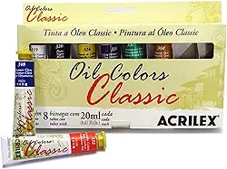 Estojo Tinta a Óleo Acrilex Colors Classic 8 Bisnagas 20ml – Alta Pigmentação, Cobertura Profissional, Secagem Lenta e Cores Essenciais para Artistas