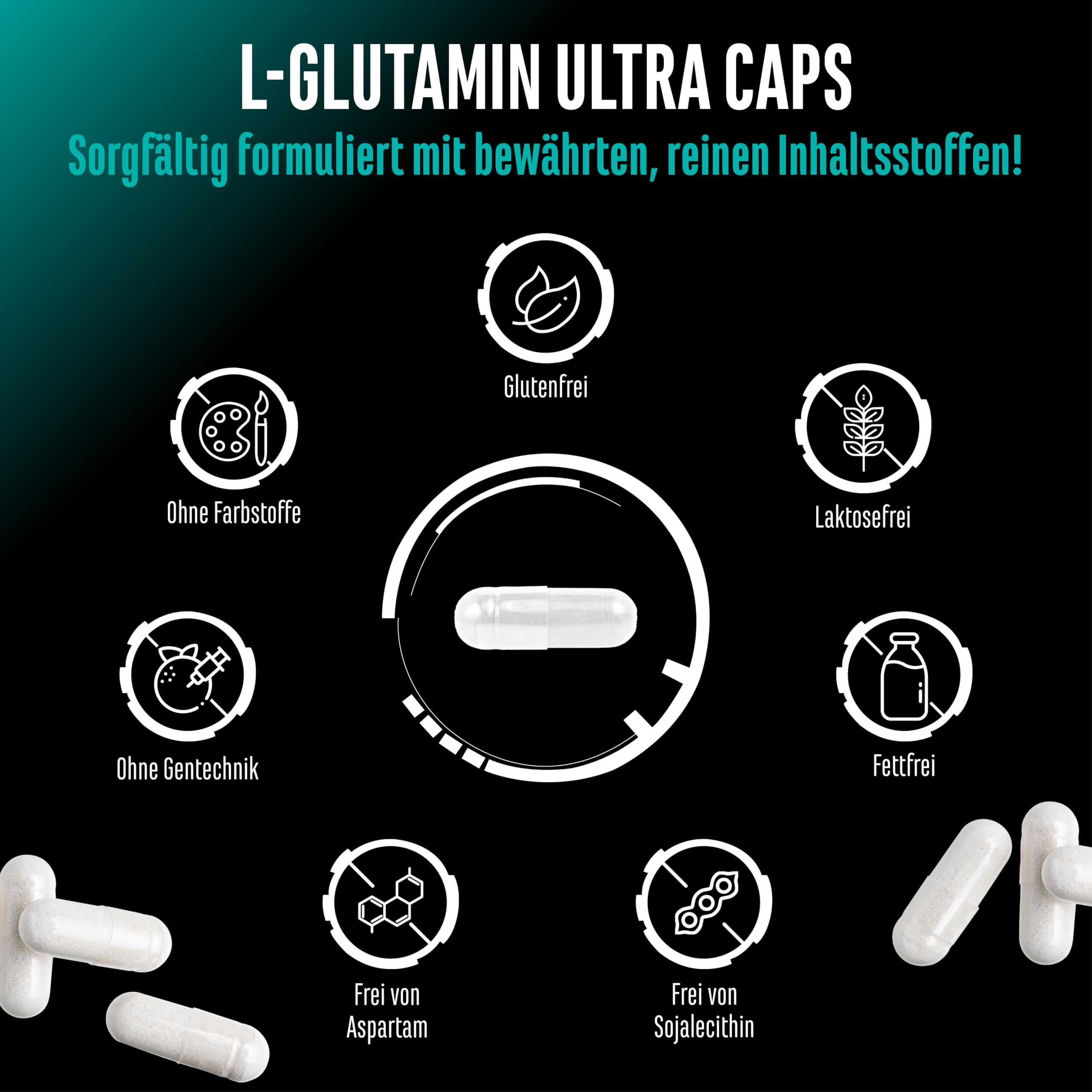 GEN GERMAN ELITE NUTRITION L-Glutamin Ultra Caps - 365 Kapseln - 1100 mg | 6600 mg Tagesportion, ultrafeines L-Glutamin, hochdosiert
