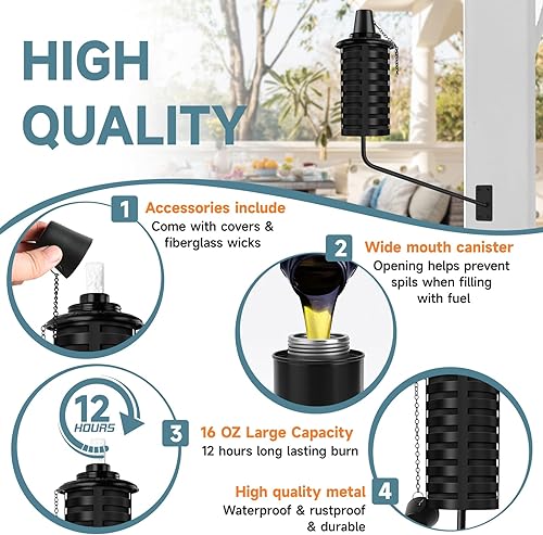 Miniatura 3 de Paquete de 6 antorchas negras de citronela montadas en la pared, 16 onzas, antorchas de metal para exteriores, antorchas de jardín recargables para