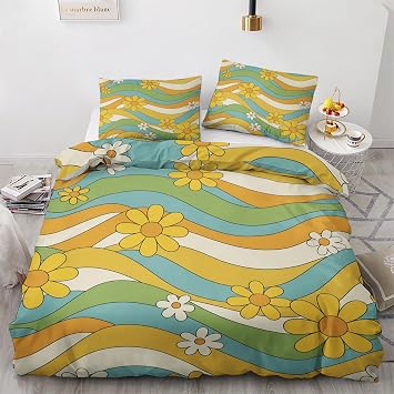 Retro Daisy Duvet Cover King Size - 70s Floral Bedding Set & Colorful Boho Bedroom Decor, 3 Piece, Soft Microfiber Reversible Comforter Cover & 2 Pillow Shams, with Zipper Closure and Ties