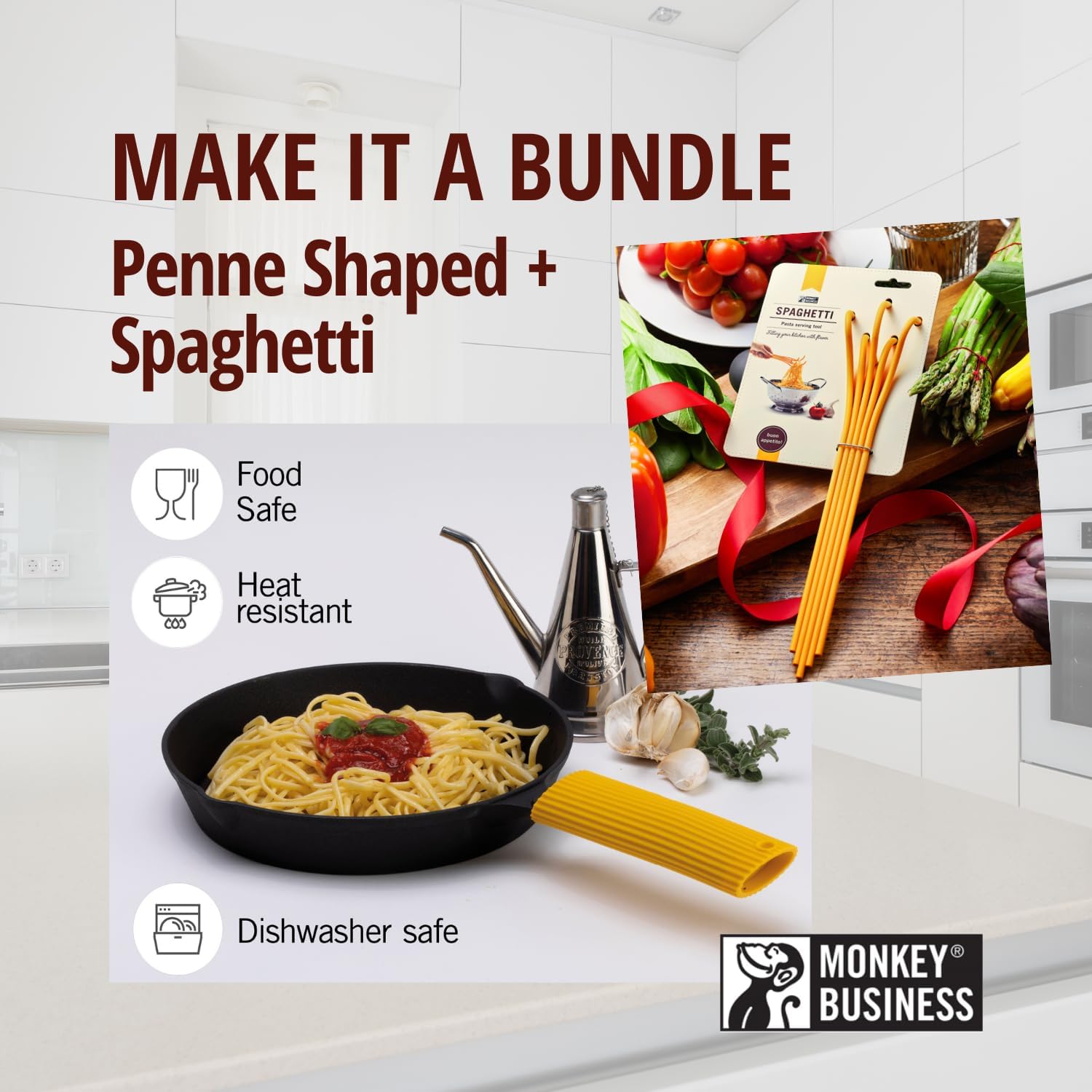 Monkey Business Silicone Pasta Utensils: Penne Pan Grip & Spaghetti Spoon Claw | Cool Kitchen Gadgets & Accessories