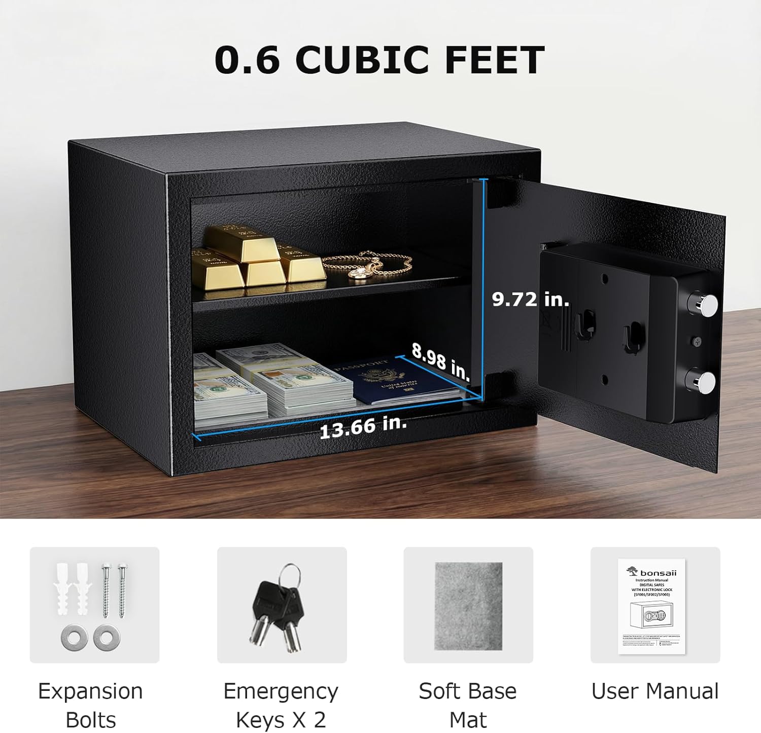 Bonsaii 0.6 Cubic Fingerprint Safe Box, Biometric Security Safe with Electronic Keypad & Removable Shelf for Valuables, Jewelry, Documents, Home Office Hotel Use, 9.84" x 13.78" x 9.84", SF002