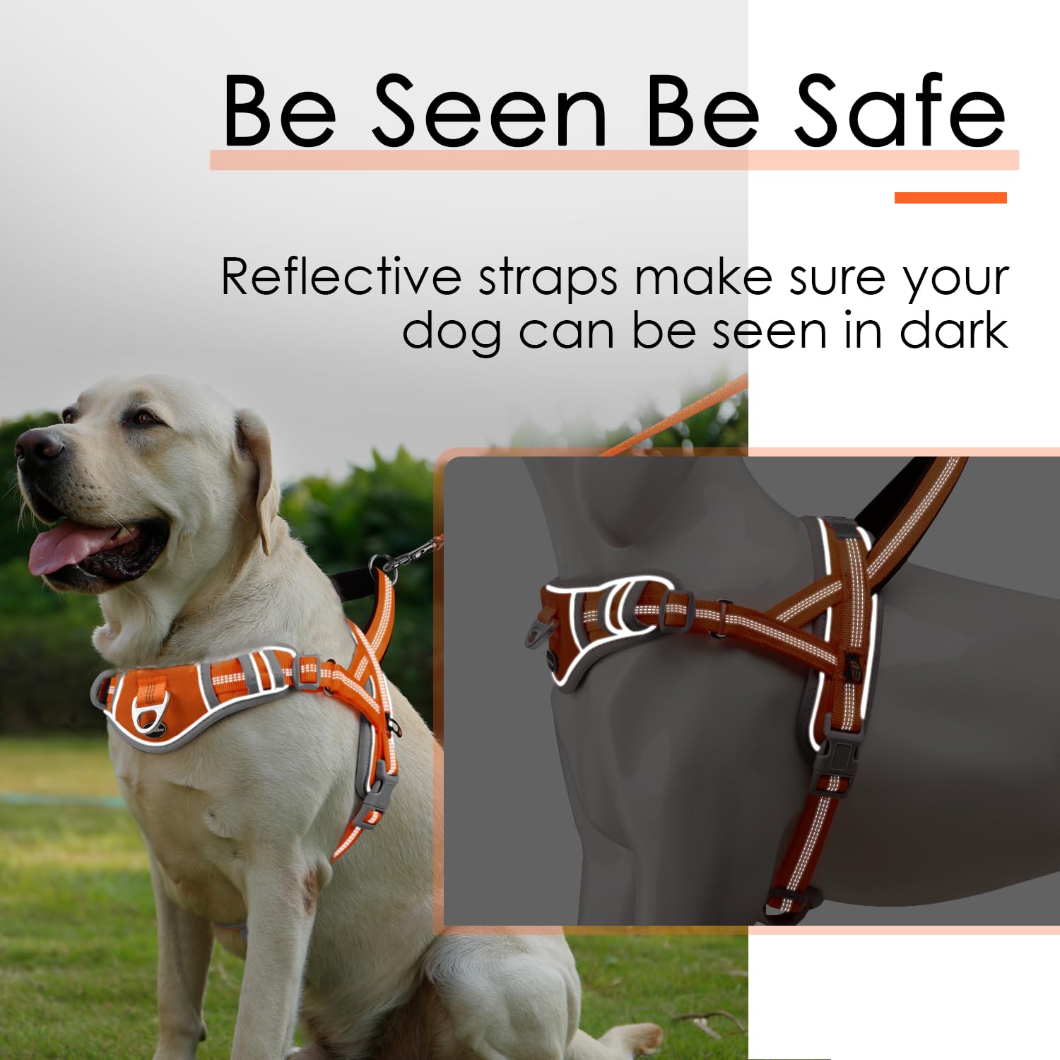 ADVENTUREMORE Arnés para perro de tamaño mediano, sin tirones, con placa para perro con código QR, chaleco reflectante ajustable para perro, a prueba de escapes, con asa de clip frontal de fácil