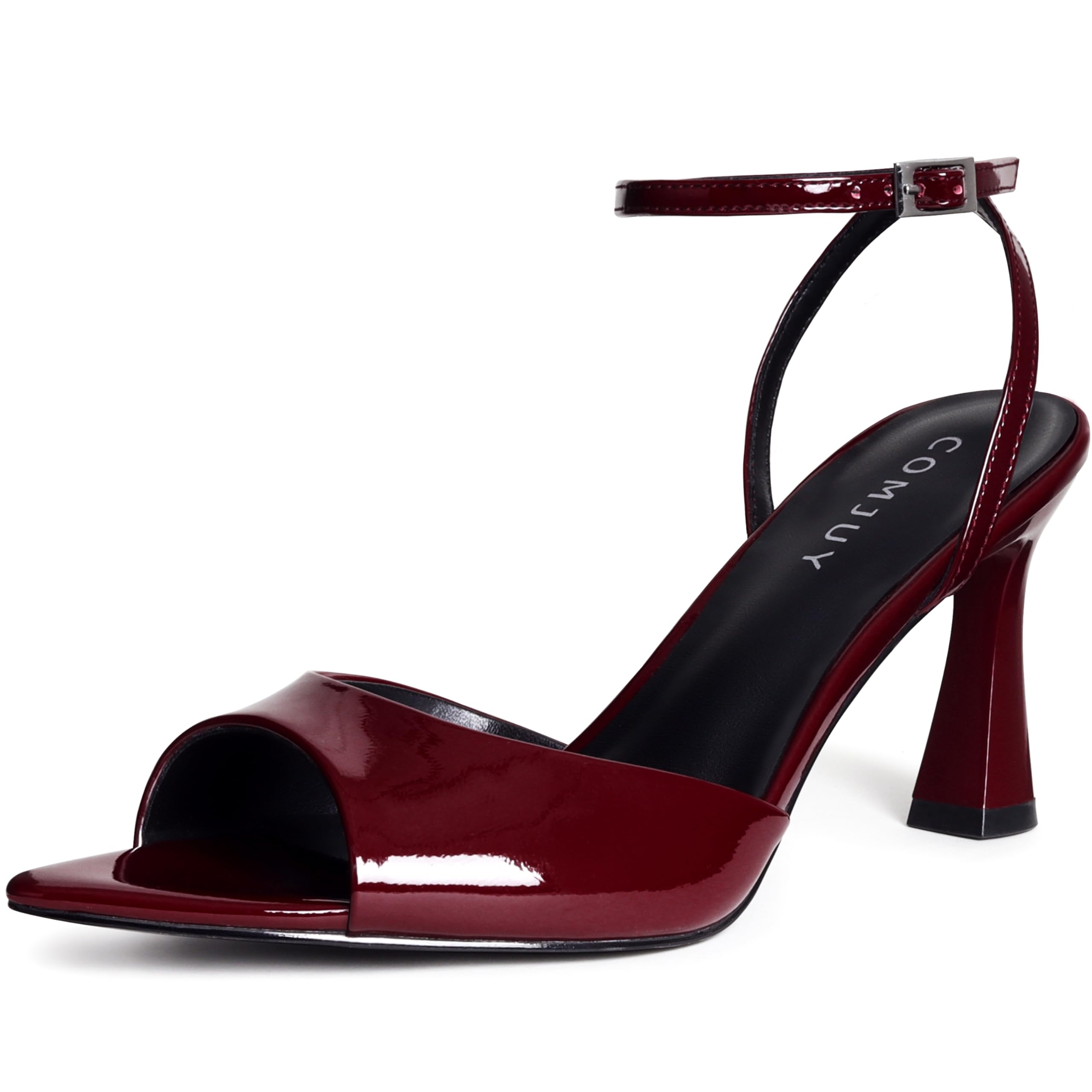 COMJUY High Heels for Women Peep Pointed Toe Kitten Heeled Sandals Strappy Flared Heels Elegant Leather Sandals Comfortable Chic Summer Prom Wedding