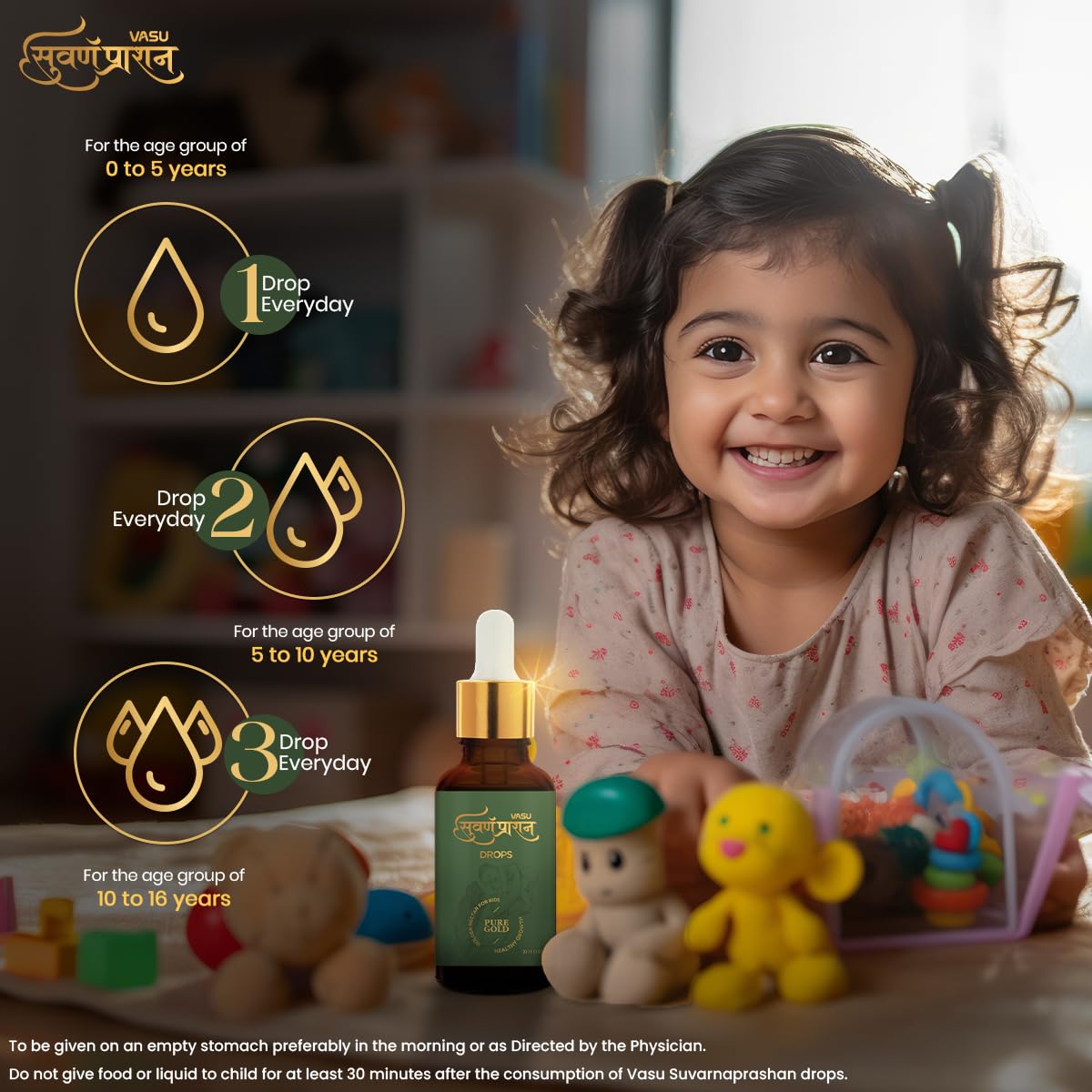 VASU Swarnaprashan Drop For Kids - Natural Formulated With Pure 24Ct Gold | Healthy Growth | Golden Nectar | Improves Strength & Immunity Booster For Kids (0-16 Years) - 30Ml 1