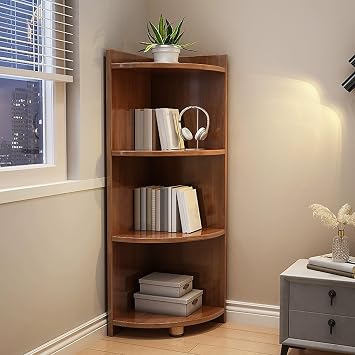 Curved Corner Storage Shelf, 4/5 Tier Wood Corner Bookshelf, Tall Freestanding Bookcase, Small Corner Shelf Counter Organizer Rack, Corner Table for Countertop Bathroom  Color Walnut , Size 3 tie