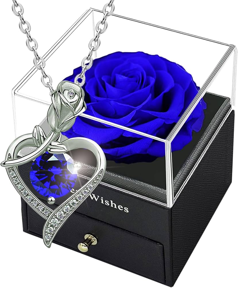 Amazon.com: Blue Rose Box with Crystal Necklace - Real Eternal