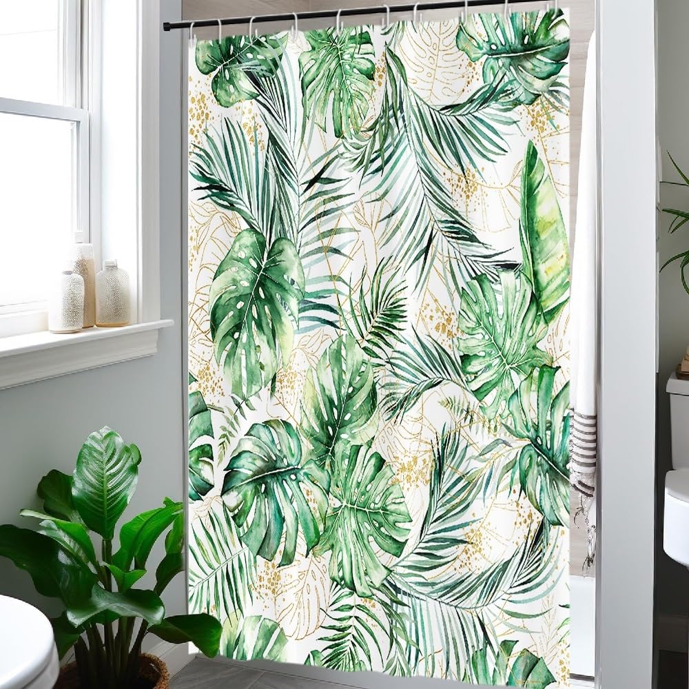 Uiiooazy Cortina de Ducha de Hoja Eucalipto, Cortinas de Ducha Verde Oro Abstracto Planta Cortinas de Baño Antimoho Impermeable Lavable Tejido de Poliéster Cortina Ducha con Ganchos 90x180cm — view 313