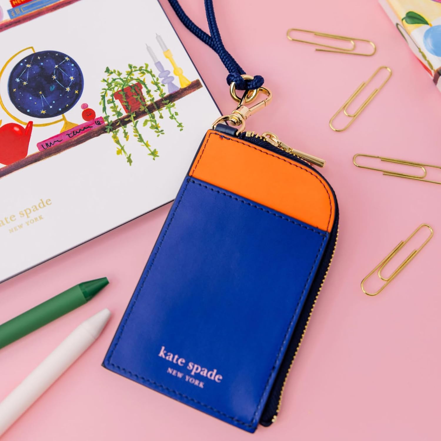 kate spade new york ID Badge Holder with Lanyard, Vegan Leather Slim Card Wallet with Zipper, Name Tag Case for Work, School, or Travel (Colorblock)