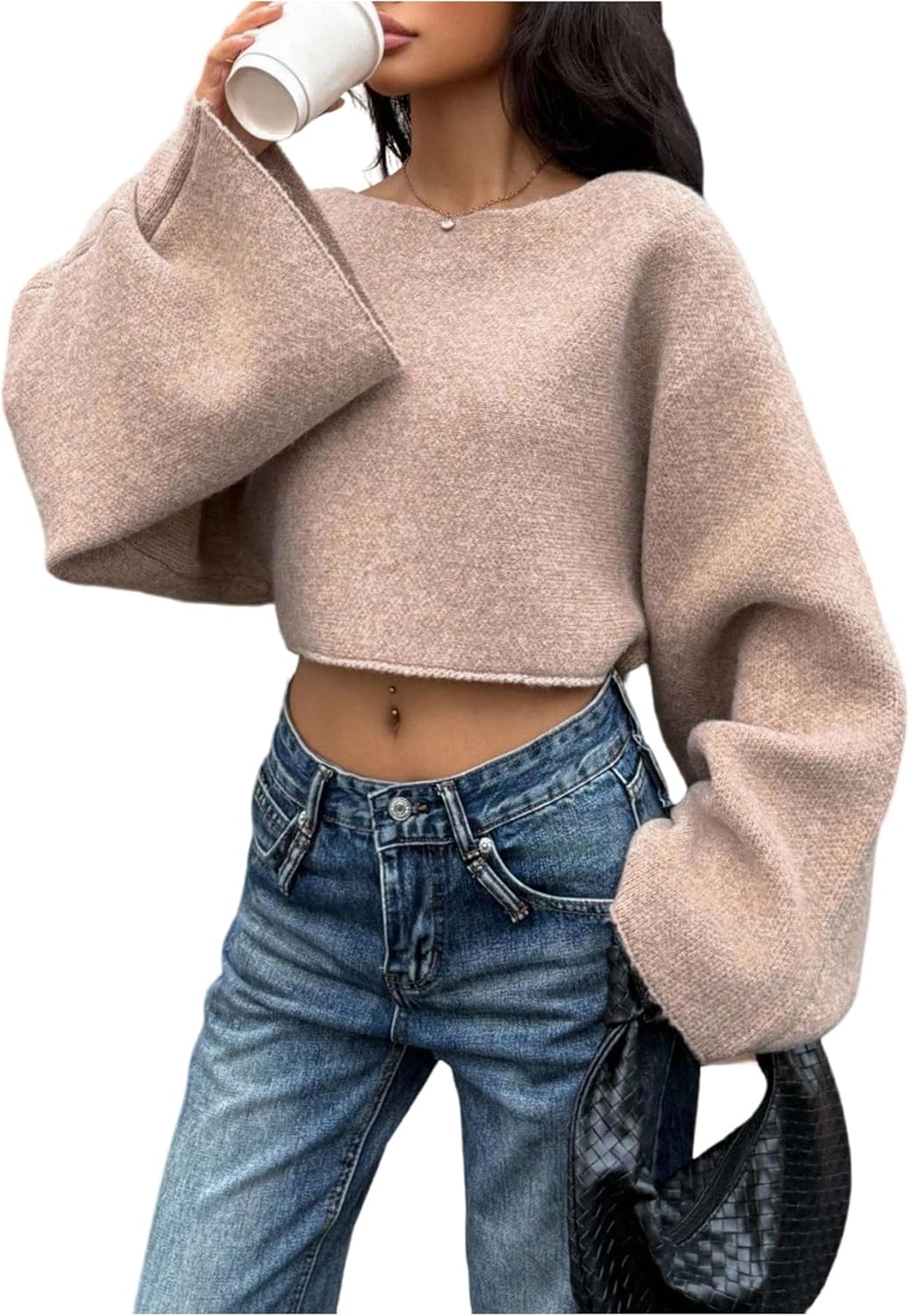 GORGLITTER Women's Cropped Sweater Trendy Bell Long Sleeve Knit Pullover Top Drop Shoulder Fall Outfits