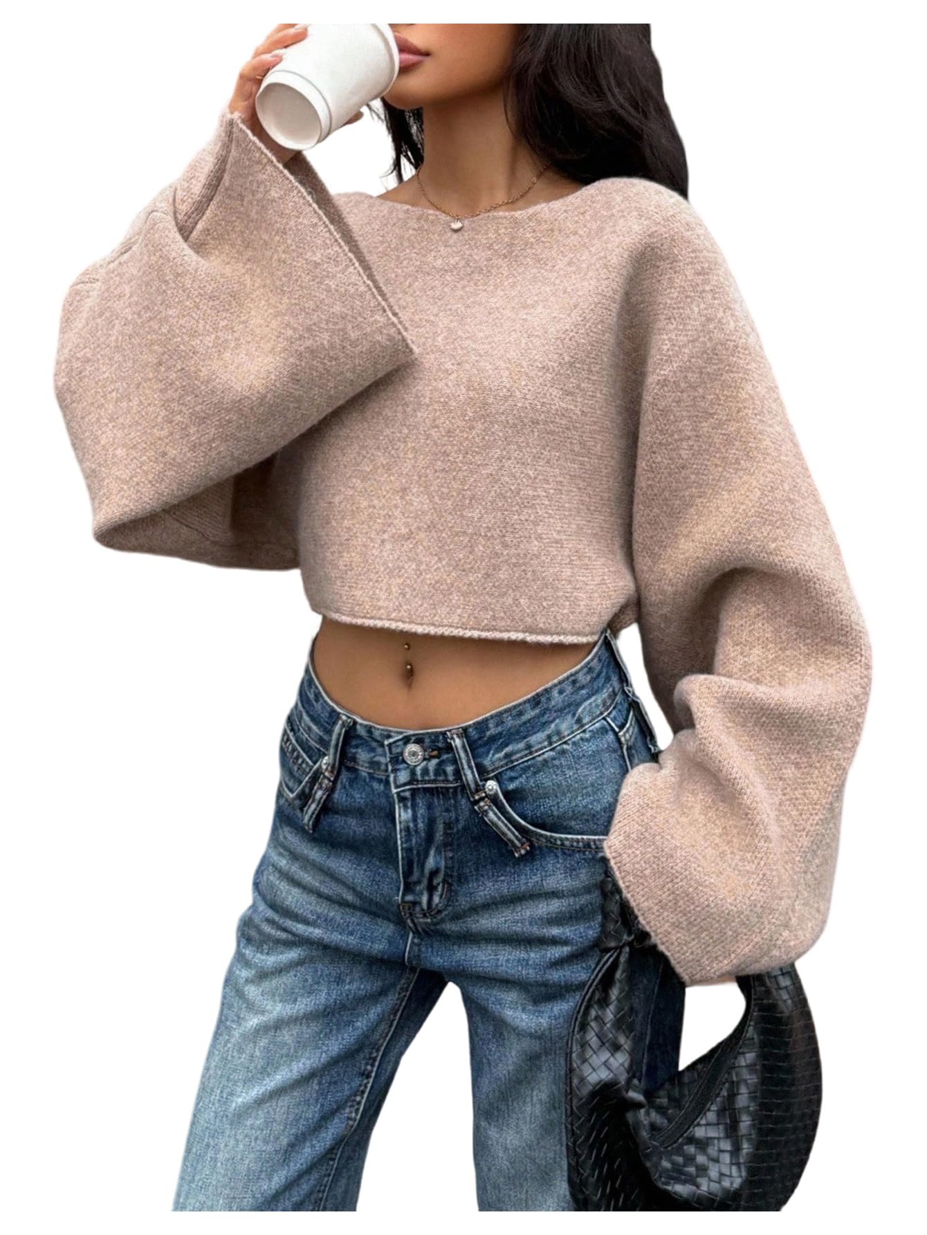 Womens Fall Sweaters 2025 Long Sleeve Boat Neck Knit Cropped Sweaters Pullover Jumper Fall Outfits