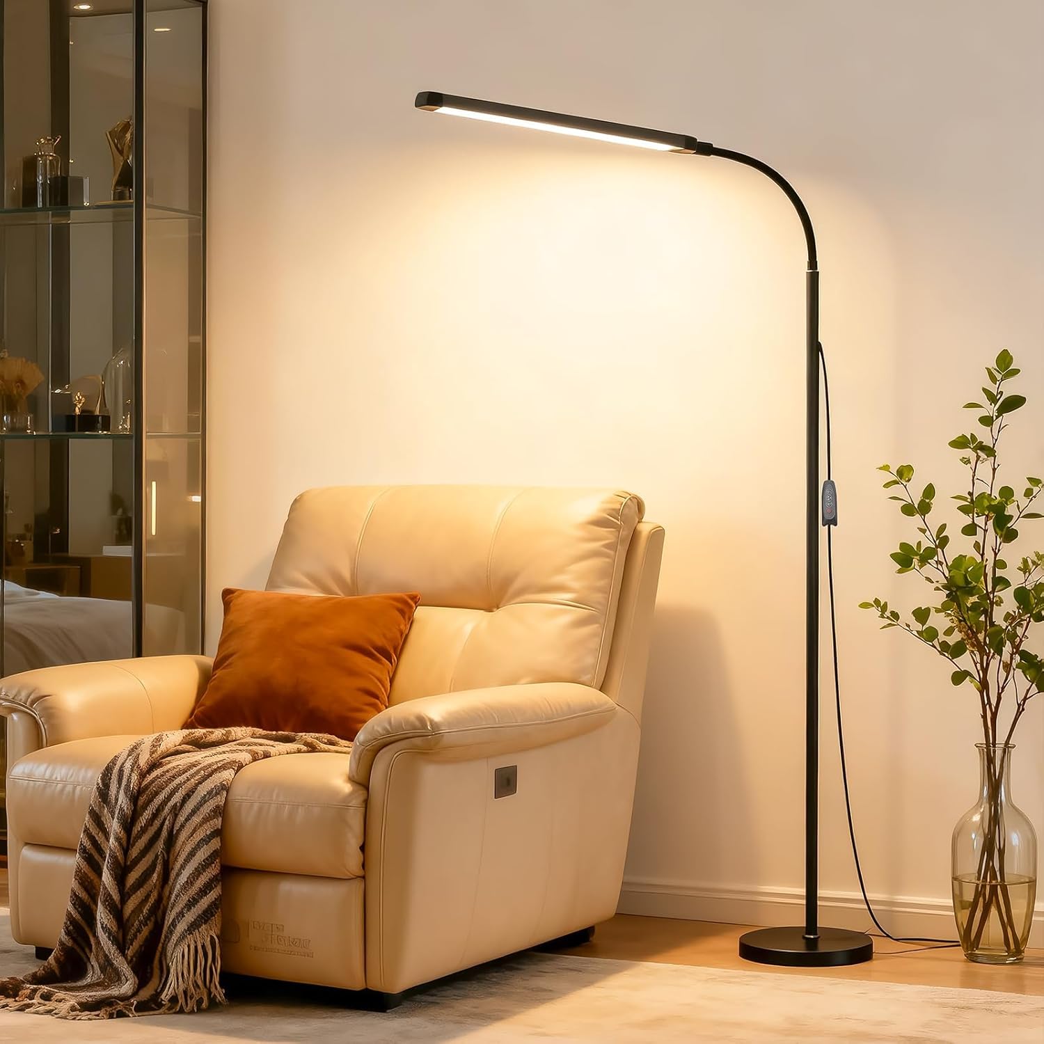 Bright 12W LED Flicker-Free Eye Protection Dimming Floor Lamp,3000-6000k,Gooseneck adjustable Standing Reading Lamp for Living Room Bedroom Bedside Office Classroom Task Craft, Black Modern Light