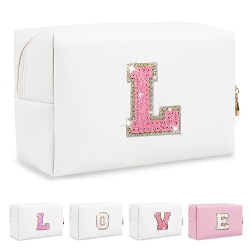Miniatura 334 de Bolsa de maquillaje personalizada con inicial A-Z Preppy Patch, pequeña bolsa de cosméticos de PU con letra de chenilla y cierre para niñas Negro