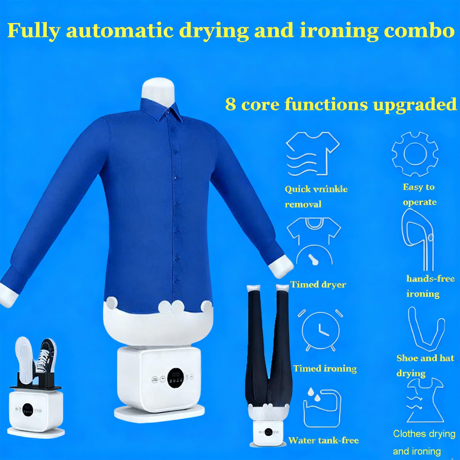 Máquina Stirare Automatica Senza Mani, Stira e Asciuga in 8 Minuti, di Vapore 360° con Manichino Gonfiabile e Diffusore Aromi, per Camicie, Pantaloni e Scarpe