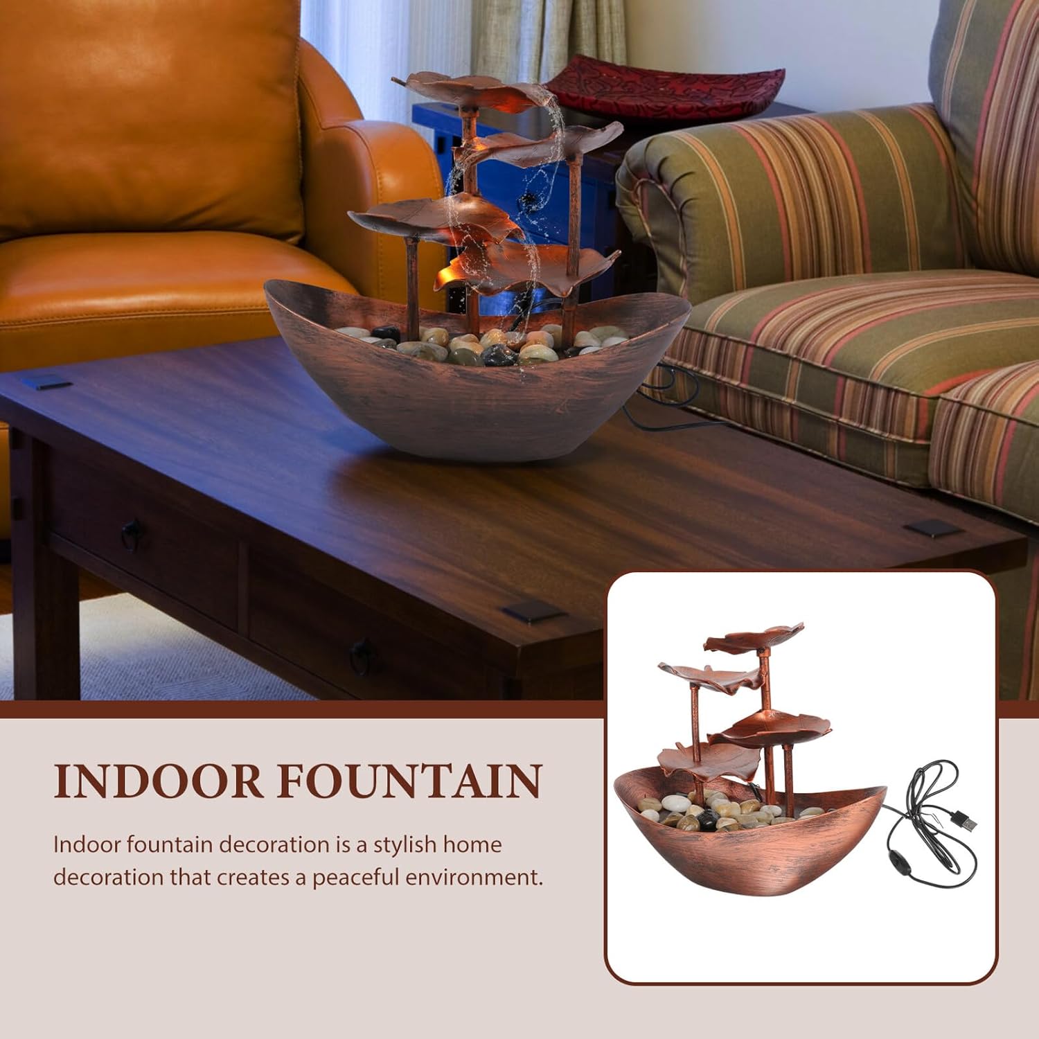 Creative Lotus Leaf Tabletop Fountain with Waterfall Indoor Desktop Water Decoration with LED Night Light Elegant Home Ornament for Living Office Bar Study Unique Flowing Water