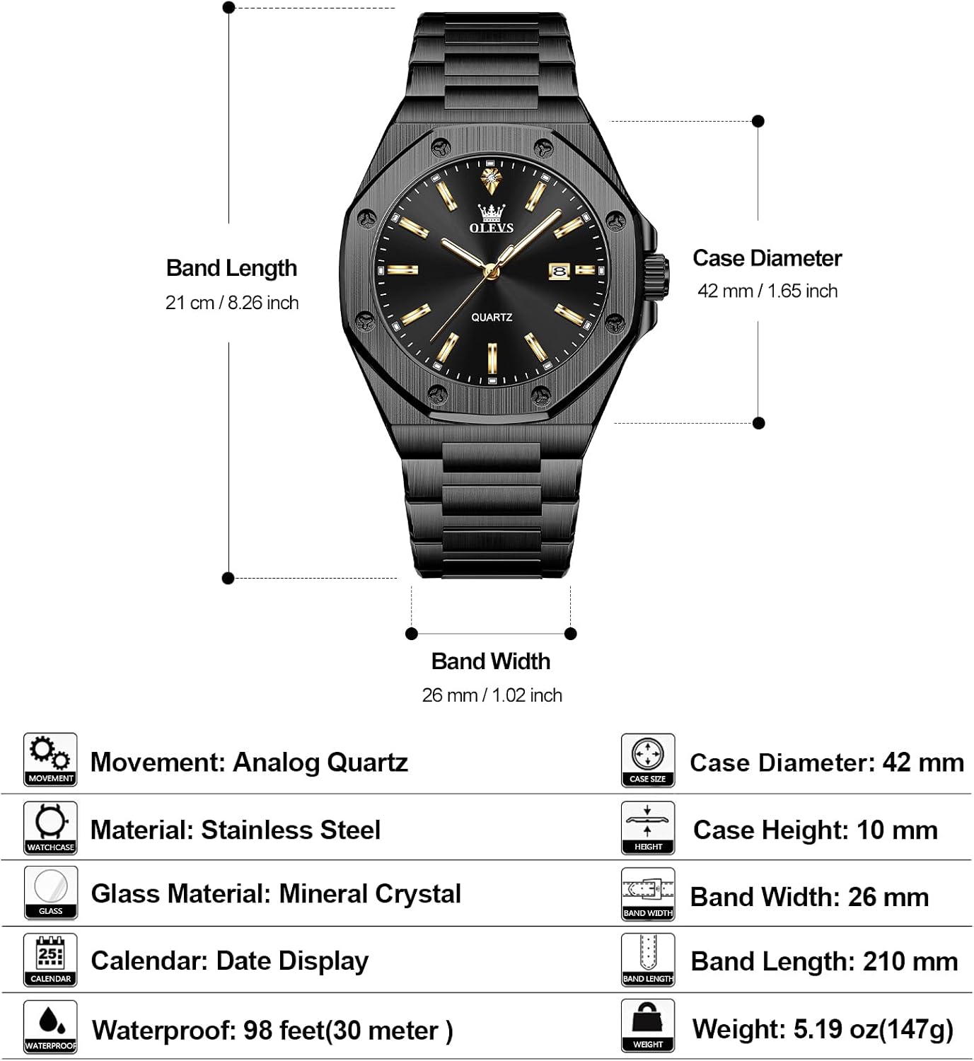 OLEVS Men's Stainless Steel Watch, Large Face Octagonal Three-Hand Analog Quartz Watches for Men, Luxury Easy to Read Calendar Date Waterproof Luminous Mens Wristwatch