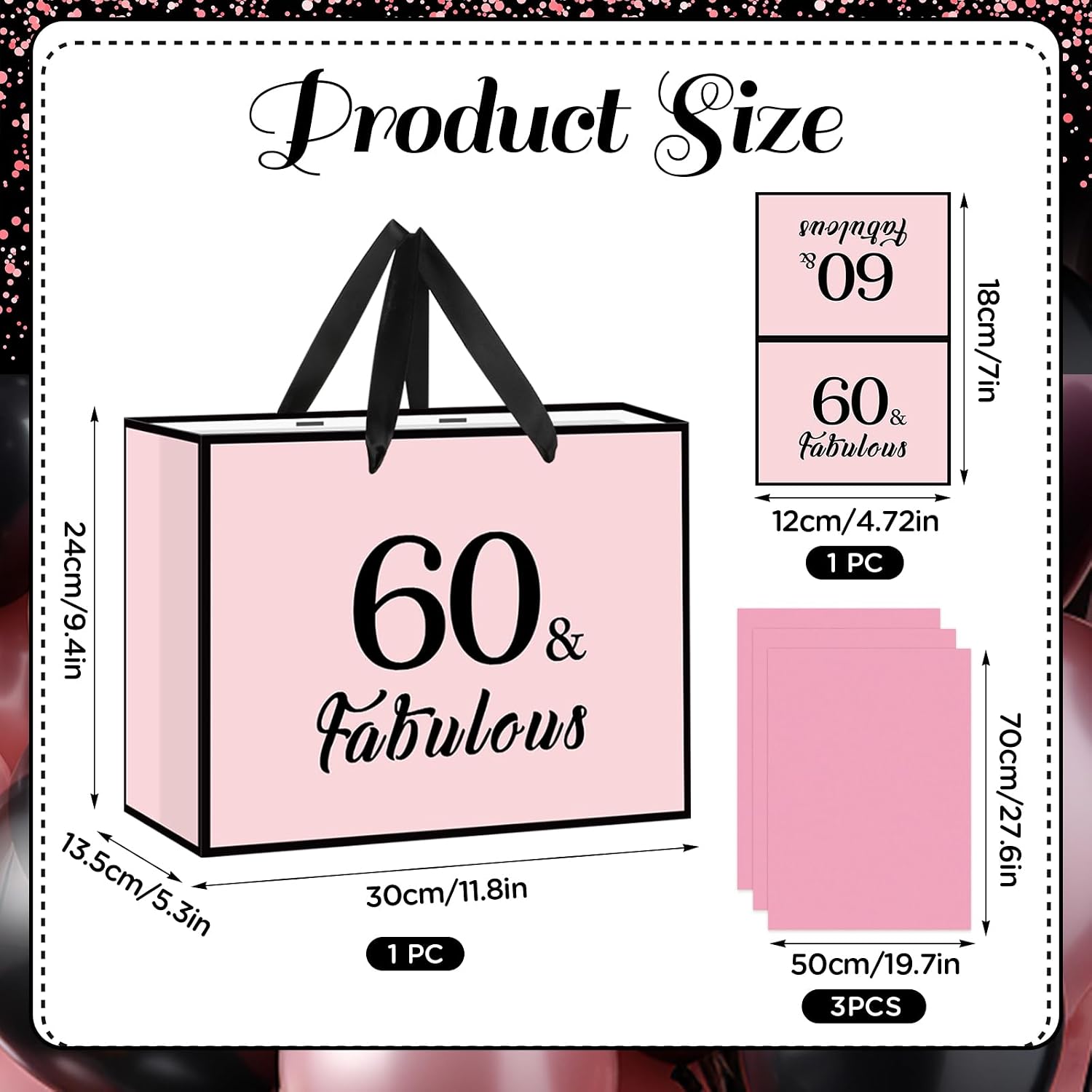 Yoirrat 60th Birthday Gift Bag for Women with Wrapping Tissue Paper & Card Pink Large Happy 60th Birthday Bag 60 & Fabulous Bday Sixty Party Supplies Favors Present for Mom Grandma Wife image 3
