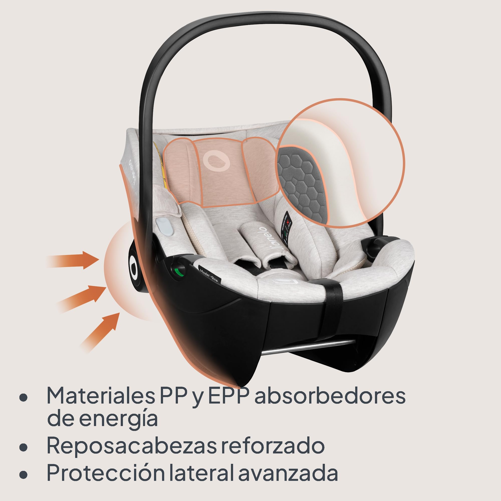 LIONELO MOXIE i-Size Silla de coche infantil 40-87 cm, Portabebés Grupo 0+ En Sentido Contrario a la marcha, Reposacabezas Ajustable, protección lateral i-Size R129. | Retrocedido, reposacabezas ajustable, protección lateral, tamaño i-Size R129