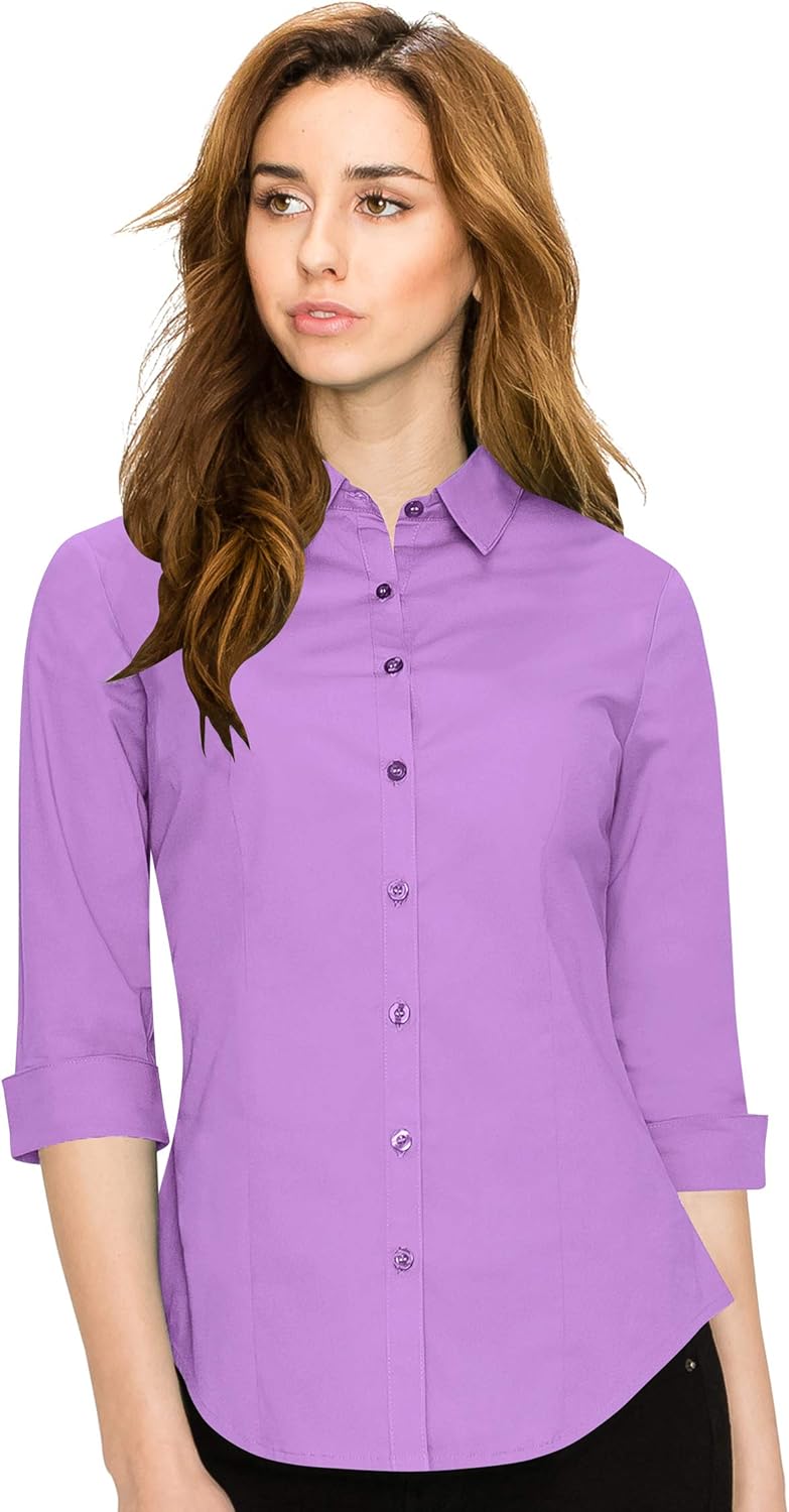 Made By Johnny MBJ Women's Solide 3/4 Sleeve Stretchy Button Down Collared Office Formal Casua Blouse (S~3XL) - Image 2