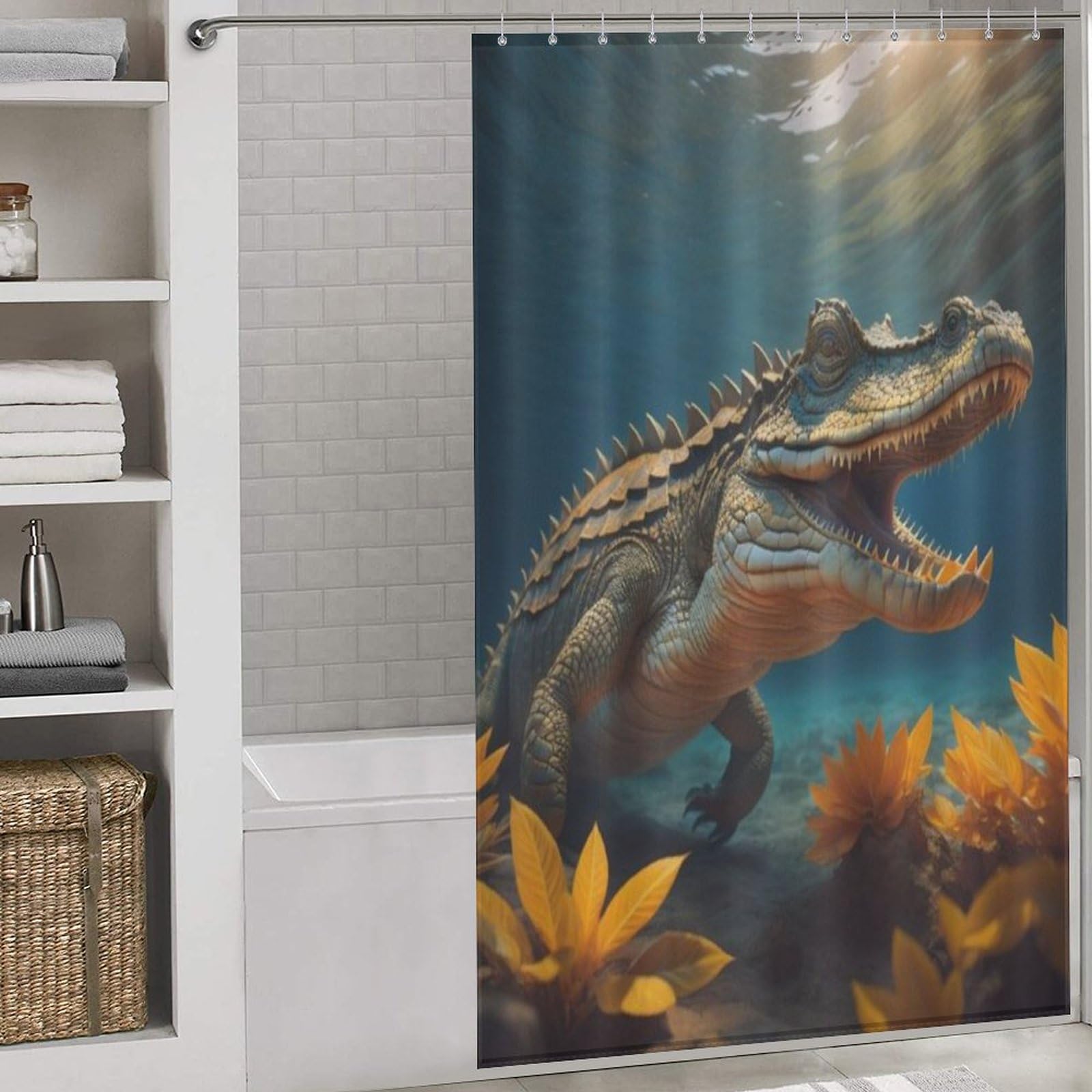 Rideau douche tissu crocodile 140x183 cm lavable avec 12 crochets