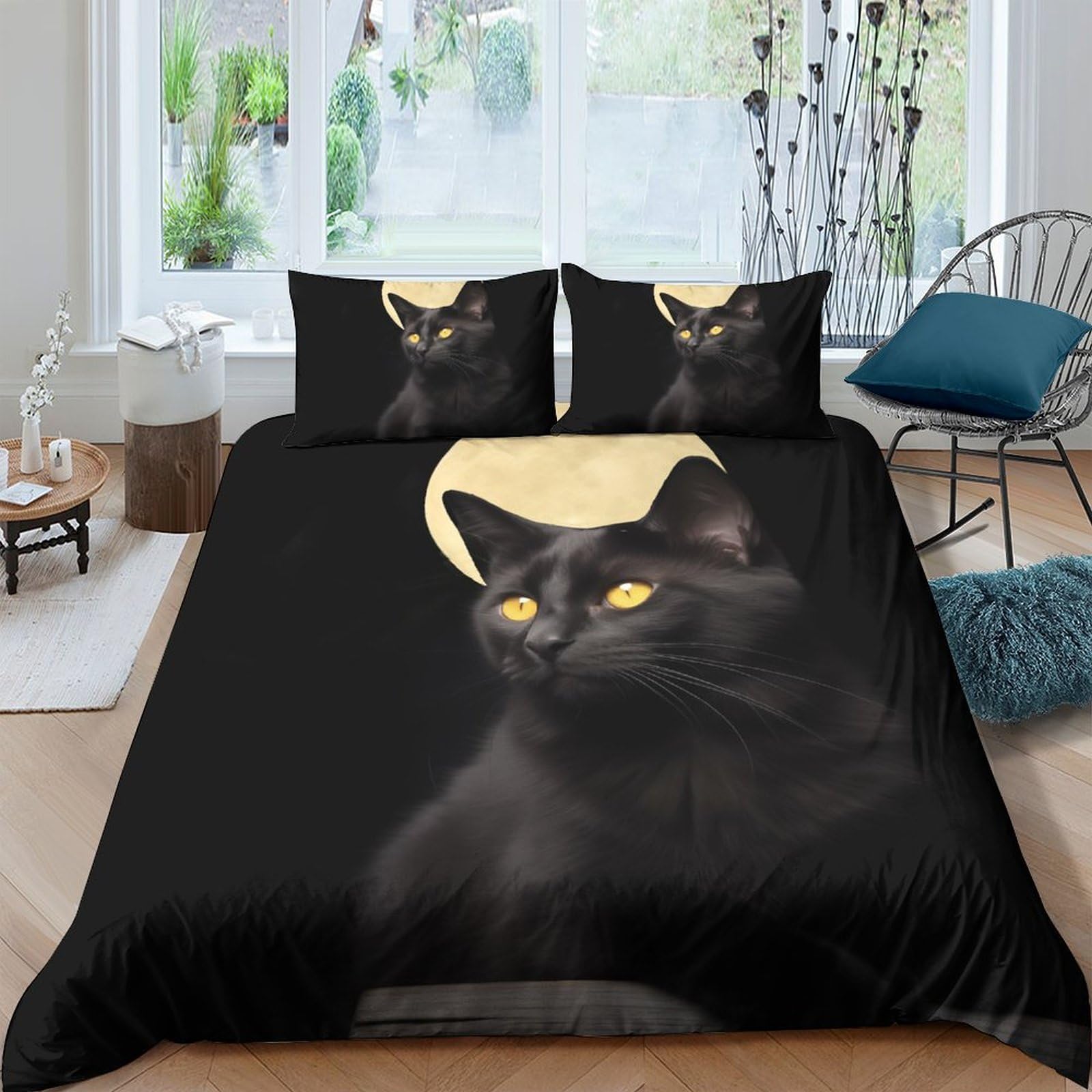 Ctjqhvkz Style-6 3D Printed Black Cat Moon Fitted Sheet Microfiber Soft Anti-Slip Bed Sheet Bedroom Decor Dustproof Easy Care Single（135X200cm）