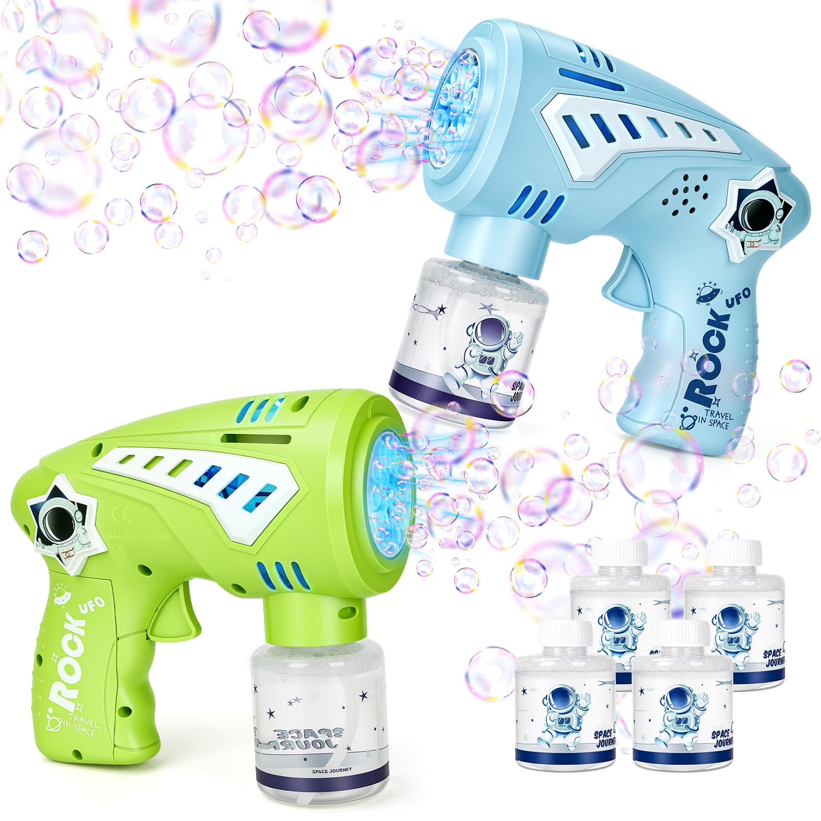 Jovicos 2 Pack Bubble Guns, Bubble Machine for Kids with 4 Bubbles Solution, Bubble Blaster Toy with LED Lights and Music, Bubble Blower for Kids, Outdoor Summer Garden Toy Party Favors Birthday Gift