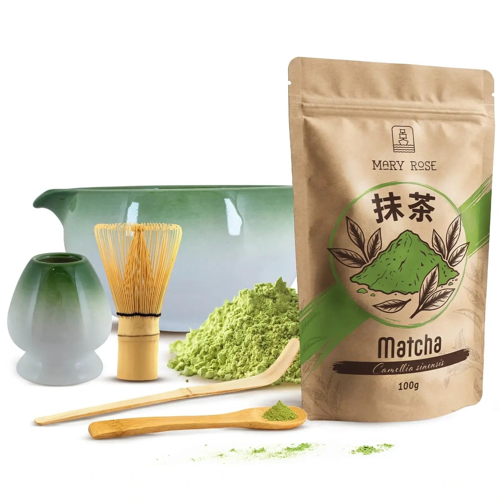 Kit Matcha Mary Rose: Thé Vert 100g avec fouet en bambou et accessoires