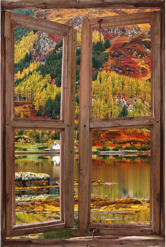 RoyalWallSkins Window Wall Mural Highlands, Peel and Stick Fabric Illusion 3D Wall Decal Photo Sticker