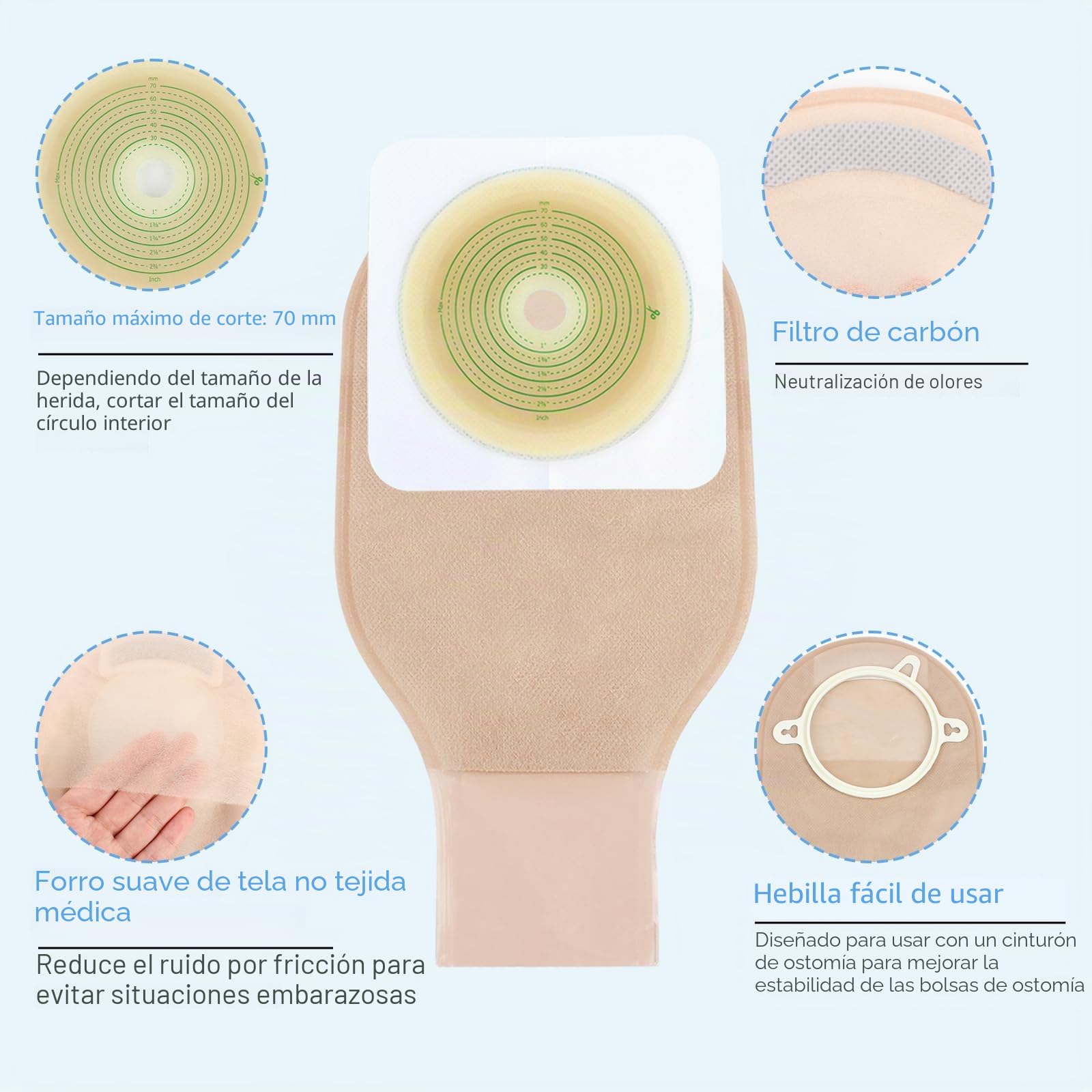 22 piezas de suministros para ostomía bolsas de colostomía de 2 piezas, bolsa de ostomía drenable recortable de 70 mm para el cuidado de ileostomía (16 bolsas de ostomía + 6 barreras + 3 abrazaderas)