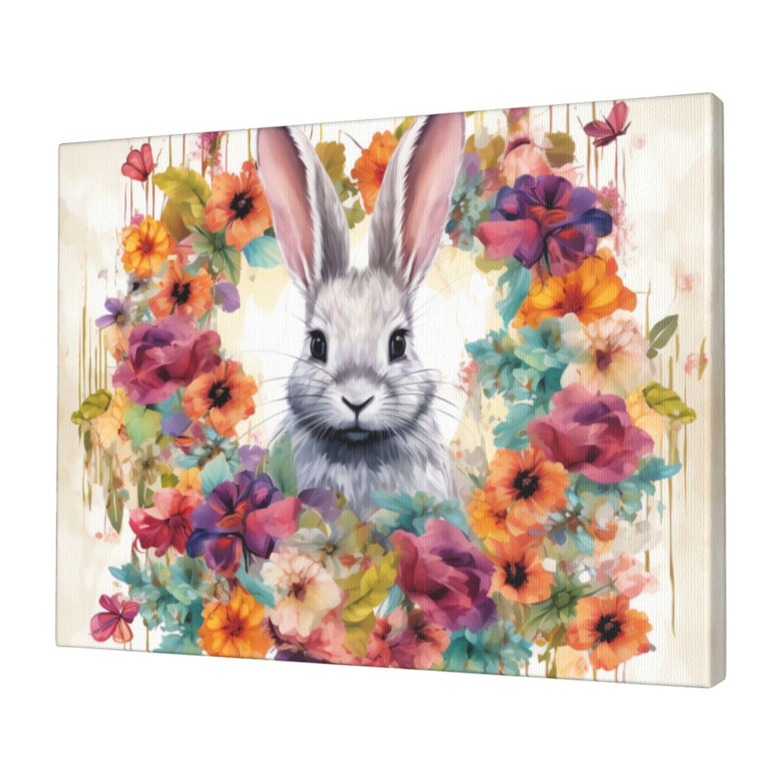 KLOPH Watercolor rabbit and flowers Canvas Wall Art for Living Room 12"x16" Modern Artwork Painting for Bathroom Hanging Canvas Prints Aesthetic Wallart for Bedroom Kitchen Office Wall Decor