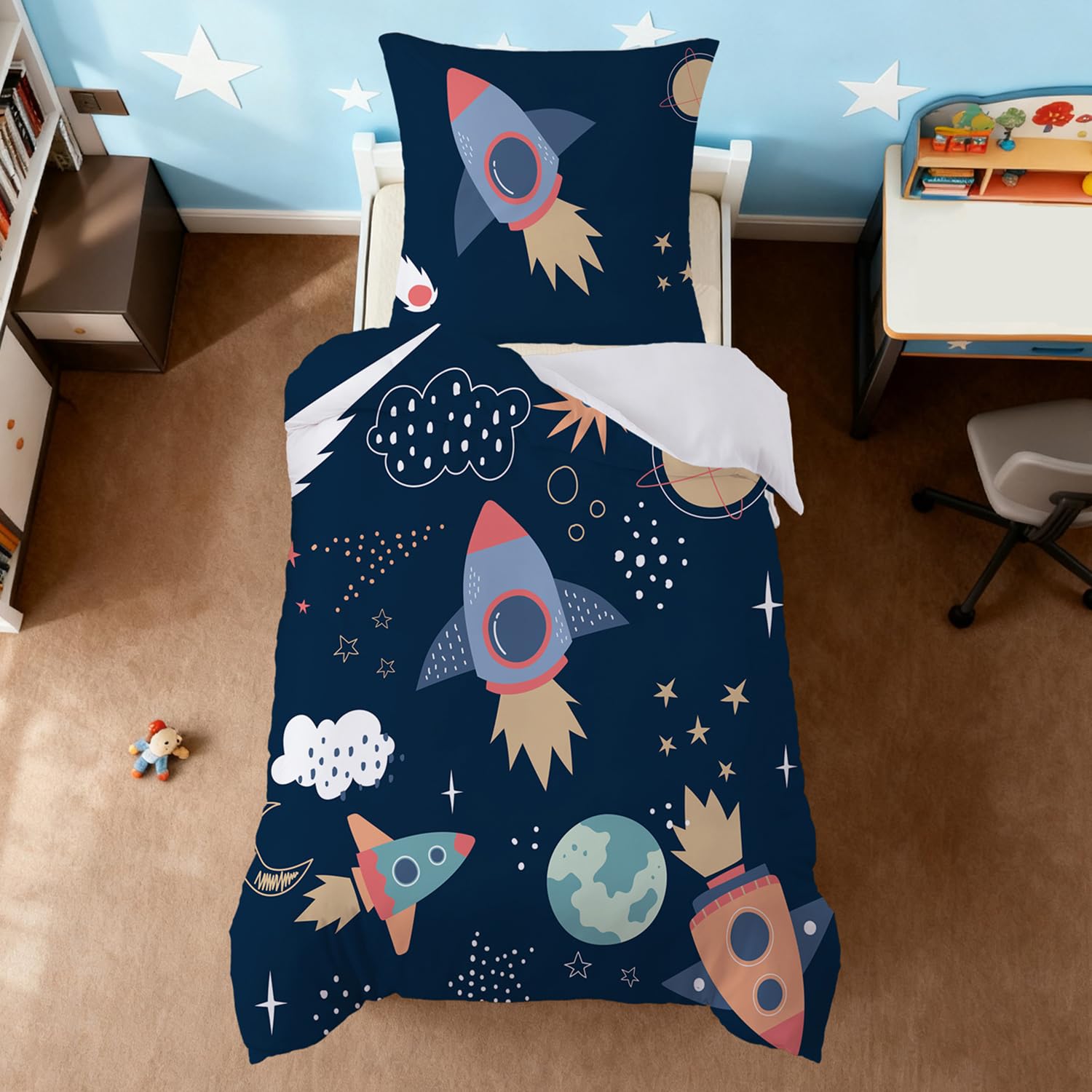 ROZTYLJ Boys Duvet Cover Sets 120x150cm - Cartoon Space Bedding Sets, Includes 1 Microfibre Toddler Duvet Cover with Zip and 1 Pillowcase(40x60cm)