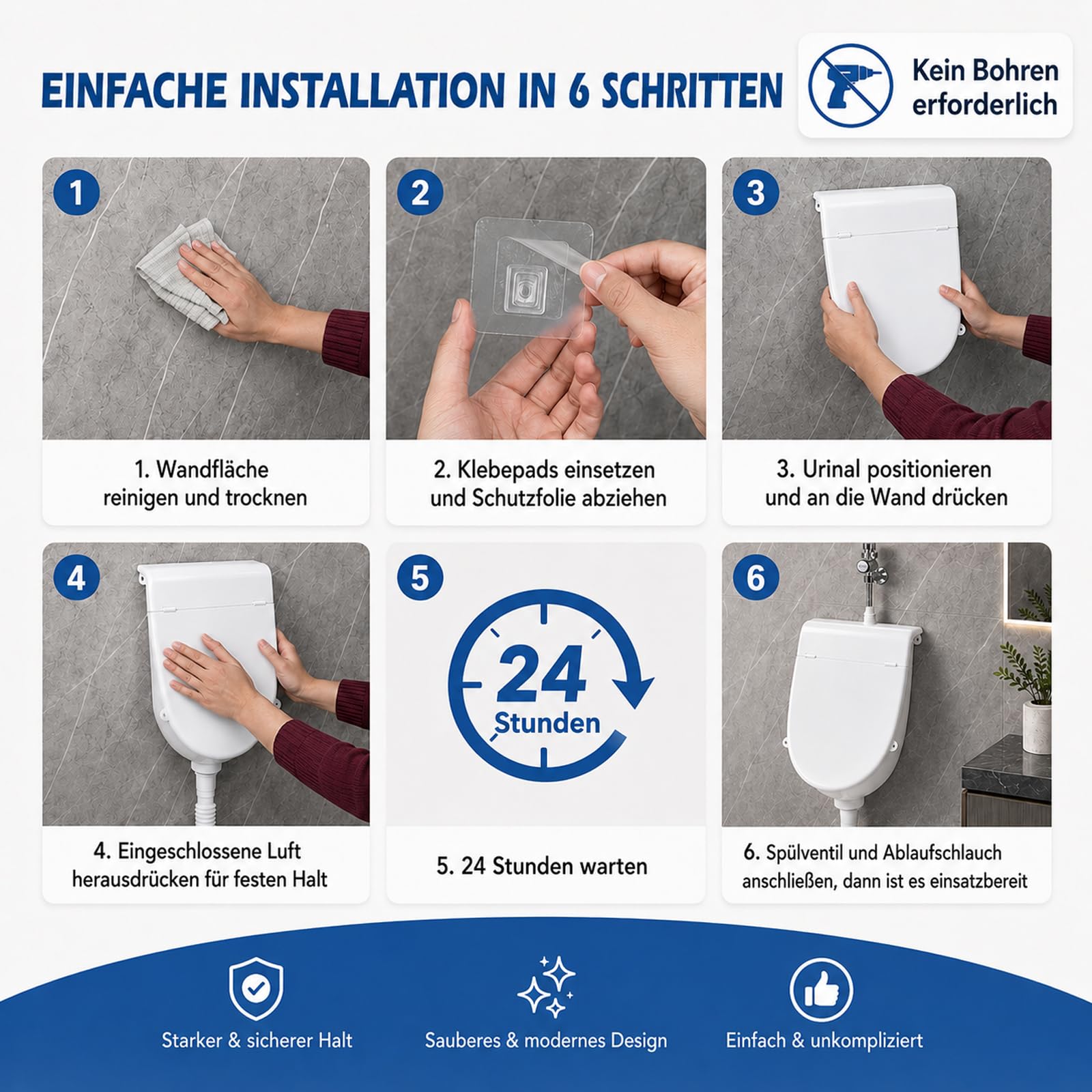 Orinatoio con coperchio, orinatoio da parete senza acqua, da uomo, senza foratura, in plastica resistente agli spruzzi, con valvola di scarico e tubo di scarico, inodore, per camper, campeggio