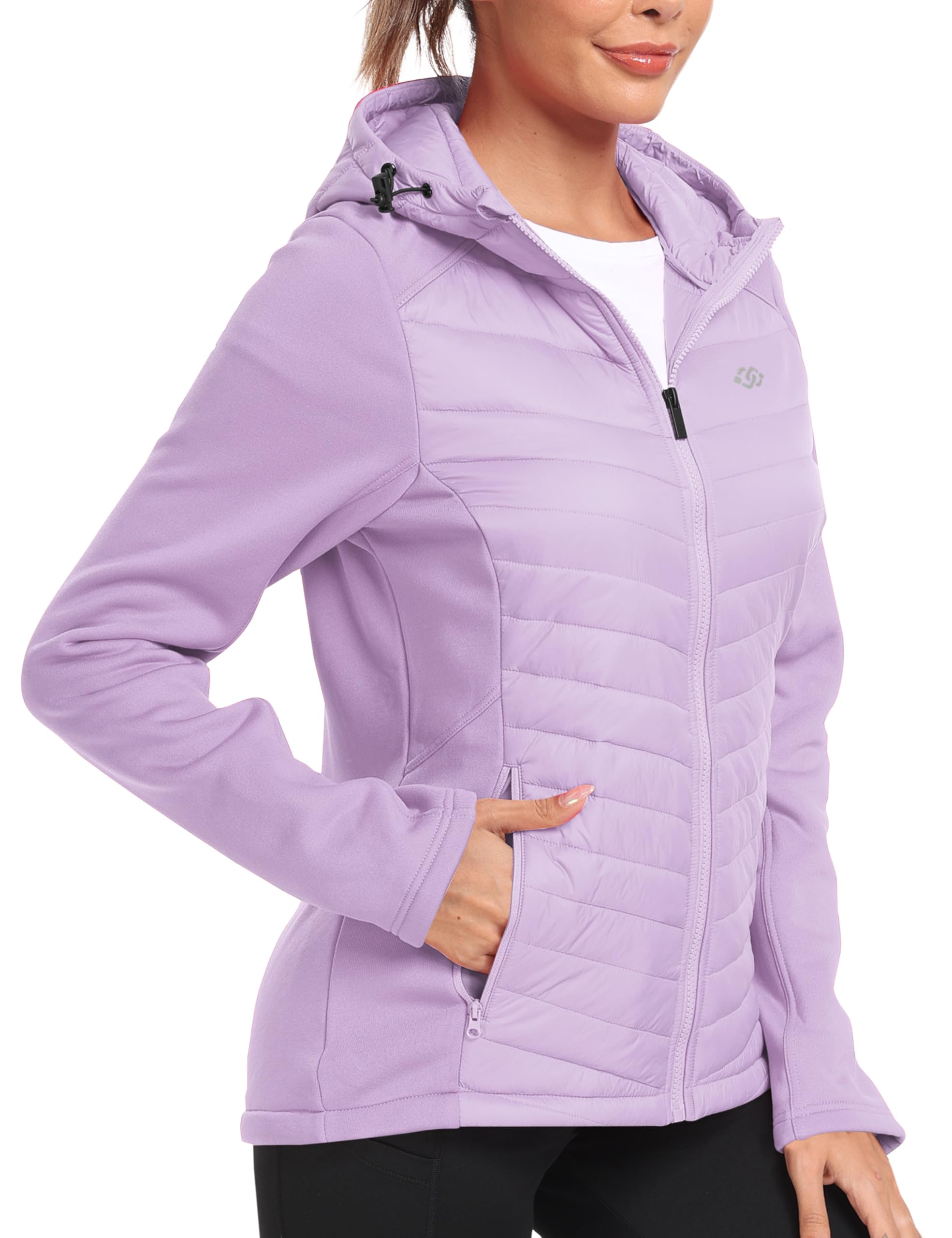 Womens Fleece Lined Softshell Jacket Hooded Lightweight Insulated Puffer Hybrid Down Jacket Full Zip Running Coat
