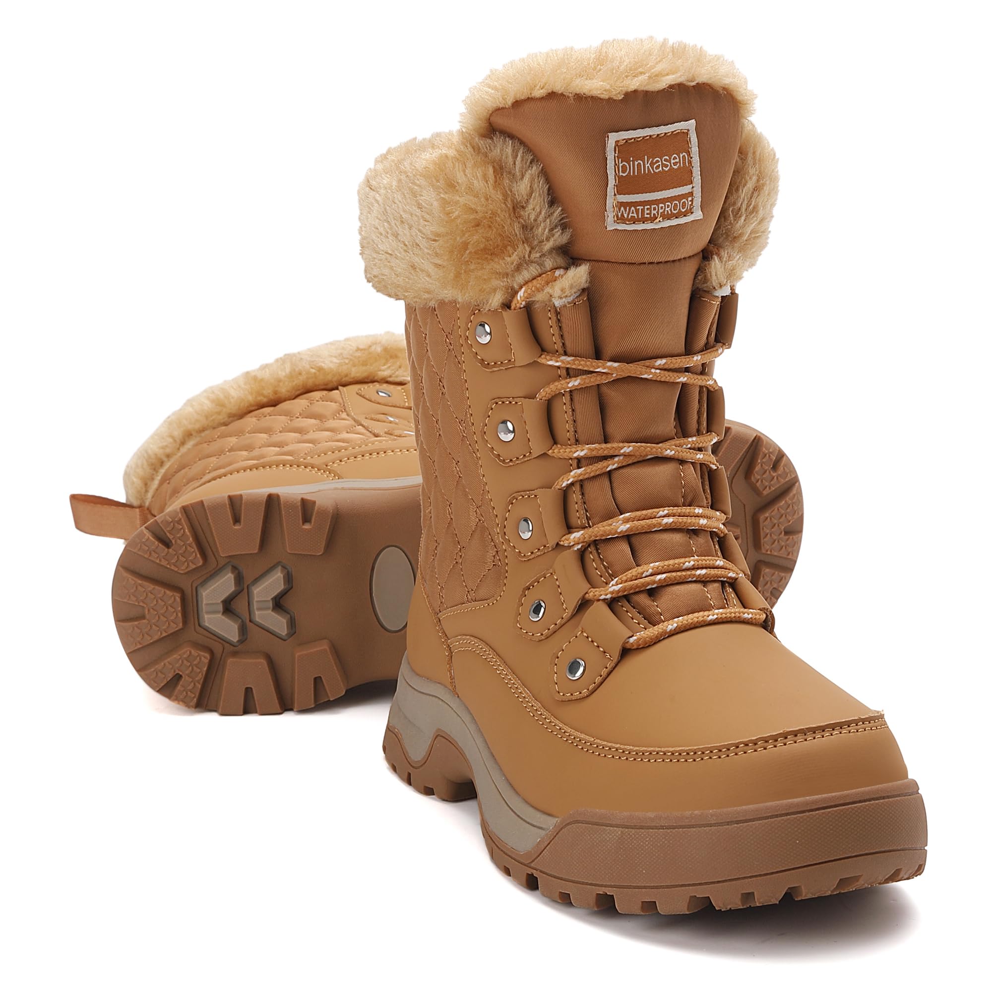 Snow Boots Women Non-Slip Insulated Faux Fur Winter Shoes with Lace