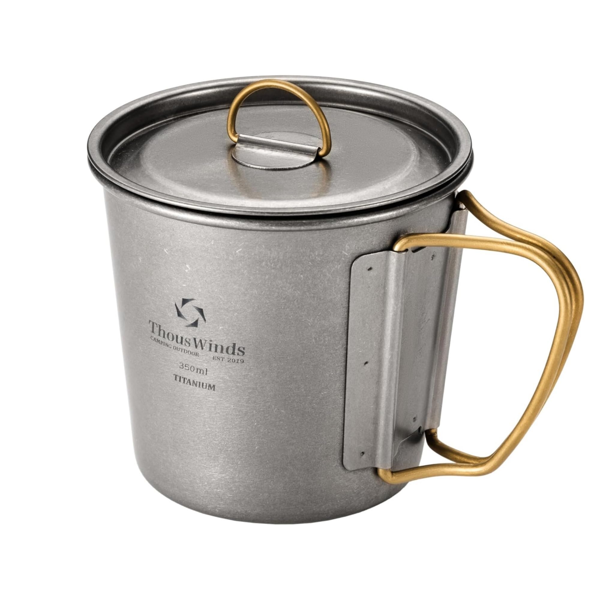 Thous Winds Titan Outdoor Tasse 350ml, Titan Camping Becher mit Deckel & Klappgriffen – Tragbare Becher Leichter Kaffeebecher für Camping, Wandern, Trekking, Kochen, Picknick
