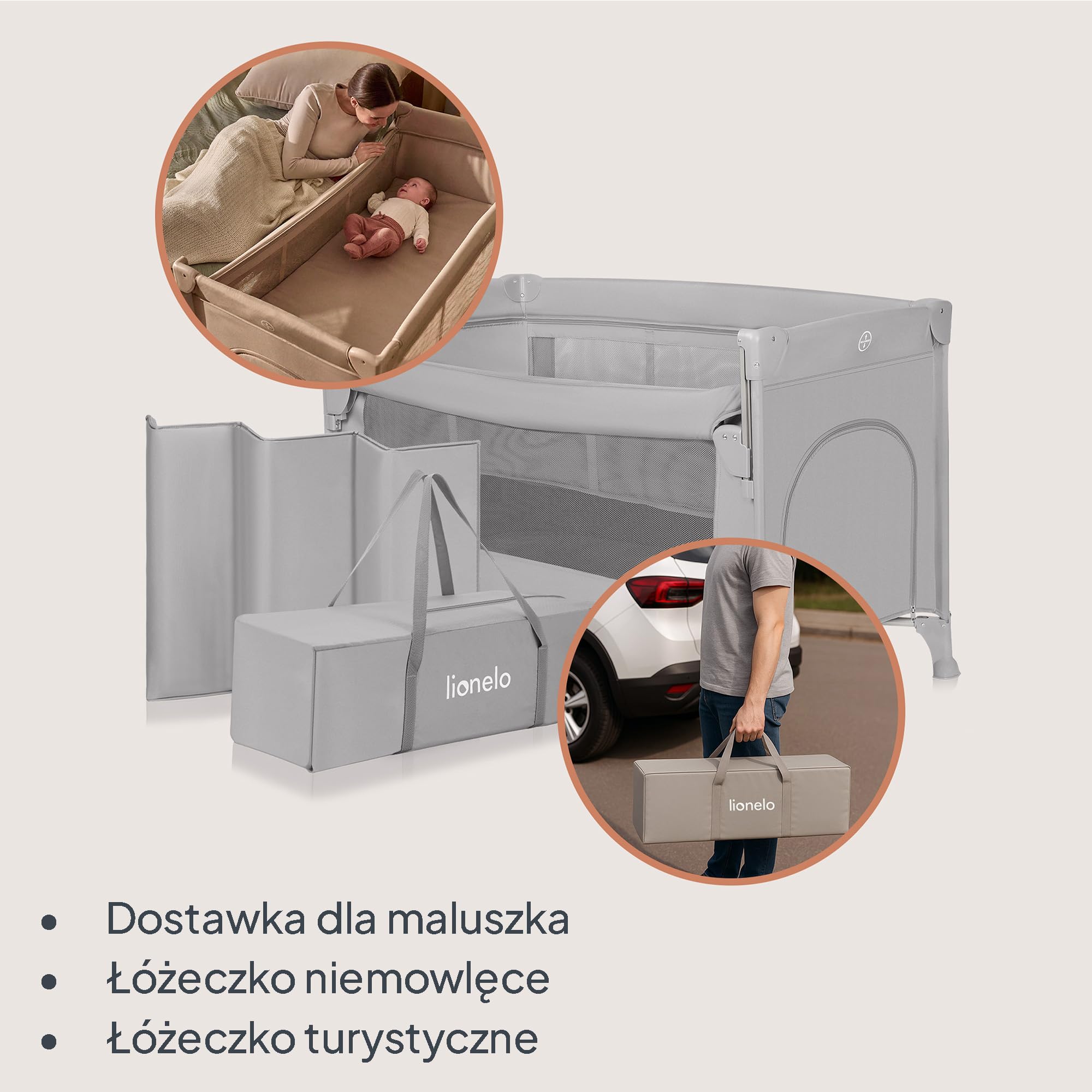 LIONELO ELLEN 3 w 1 łóżko podróżne 0-3 lata, Cododo dla noworodków i starszych dzieci do 15 kg, 2 wysokości materaca, paski mocujące, zamek boczny, 2 koła, torba (szary)