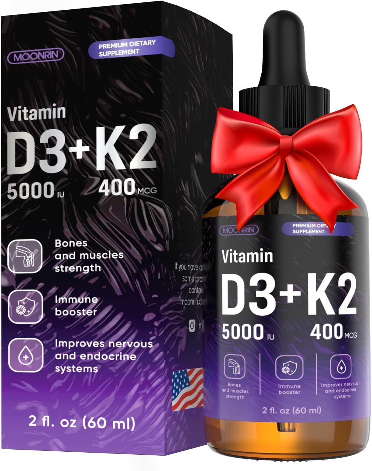 Vitamin D3 and K2 Liquid Drops - Support Stronger Bones, Healthy Heart, Immunity, 5000 IU D3 & 400mcg K2, Omega 3, Non-GMO, Vegan, Strawberry