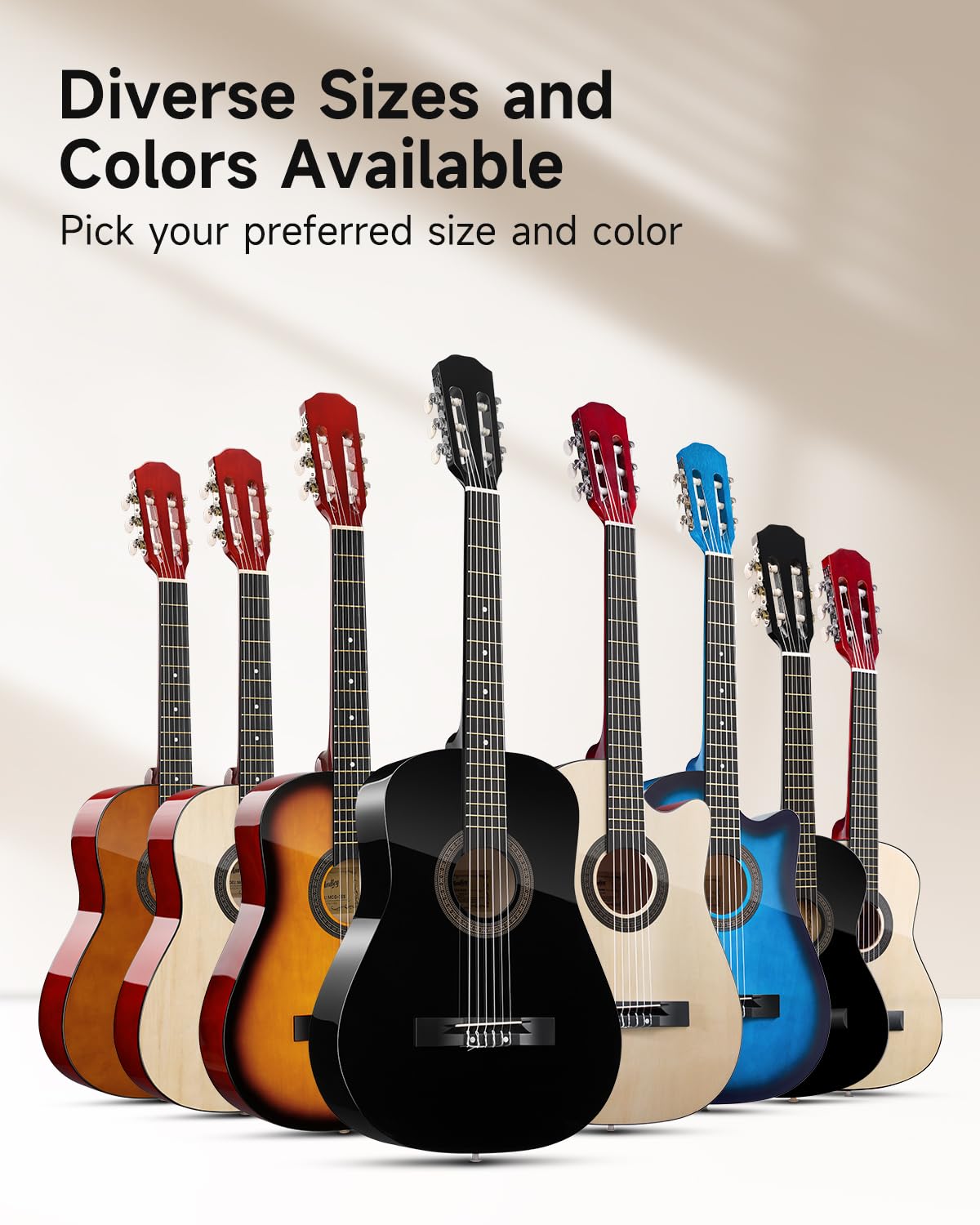 Moukey 36" Akustikgitarre für Anfänger Kinder Jugendliche 3/4 Dreadnought Reisegitarre Gitarren-Set mit Akkordposter, Gigbag, Stimmgerät, Plektren, Nylonsaiten, Kapodaster und Gurt – Braun