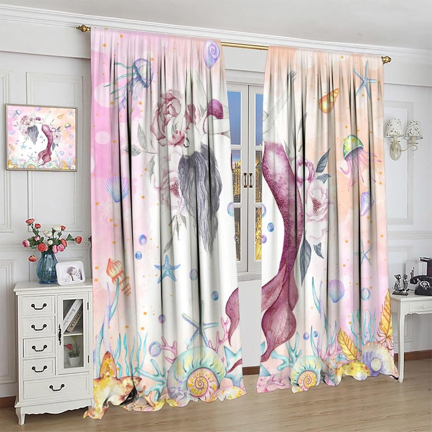 Watercolor Mermaid Curtains, Pink Sea Ocean Theme Window Drapes for Girls Bedroom Cute Coral Reef Fish Seashell Jellyfish Print Blackout Curtains for Kids Room Living Room, 42" W X 45" L