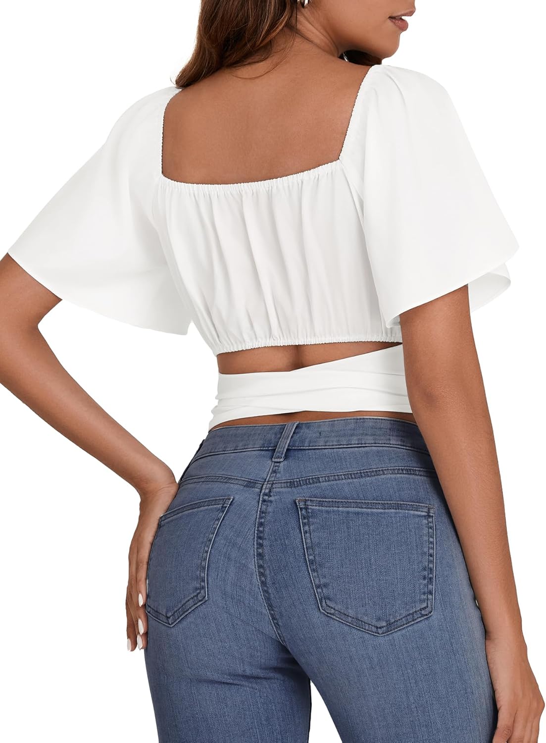 Rooscier Women's Ruched Wrap Ruffle Flare Short Sleeve Square Neck Self Tie Crop Top Blouse - Image 4