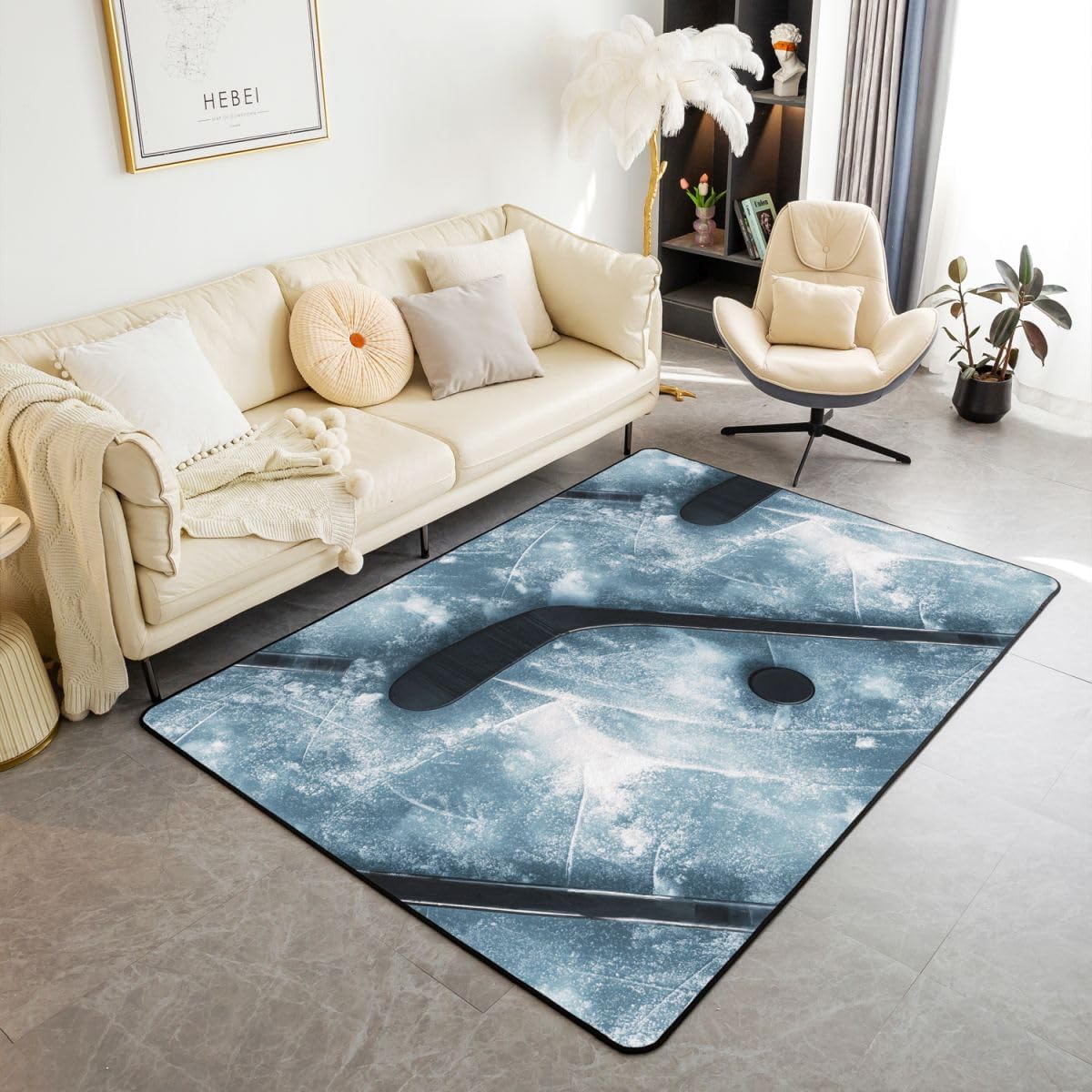 Erosebridal Ice Skating Area Rug 6'6" x 4'11" Winter Sports Living Room Rugs Ice Hockey Decorative Carpet Blue Black Indoor Floor Mat