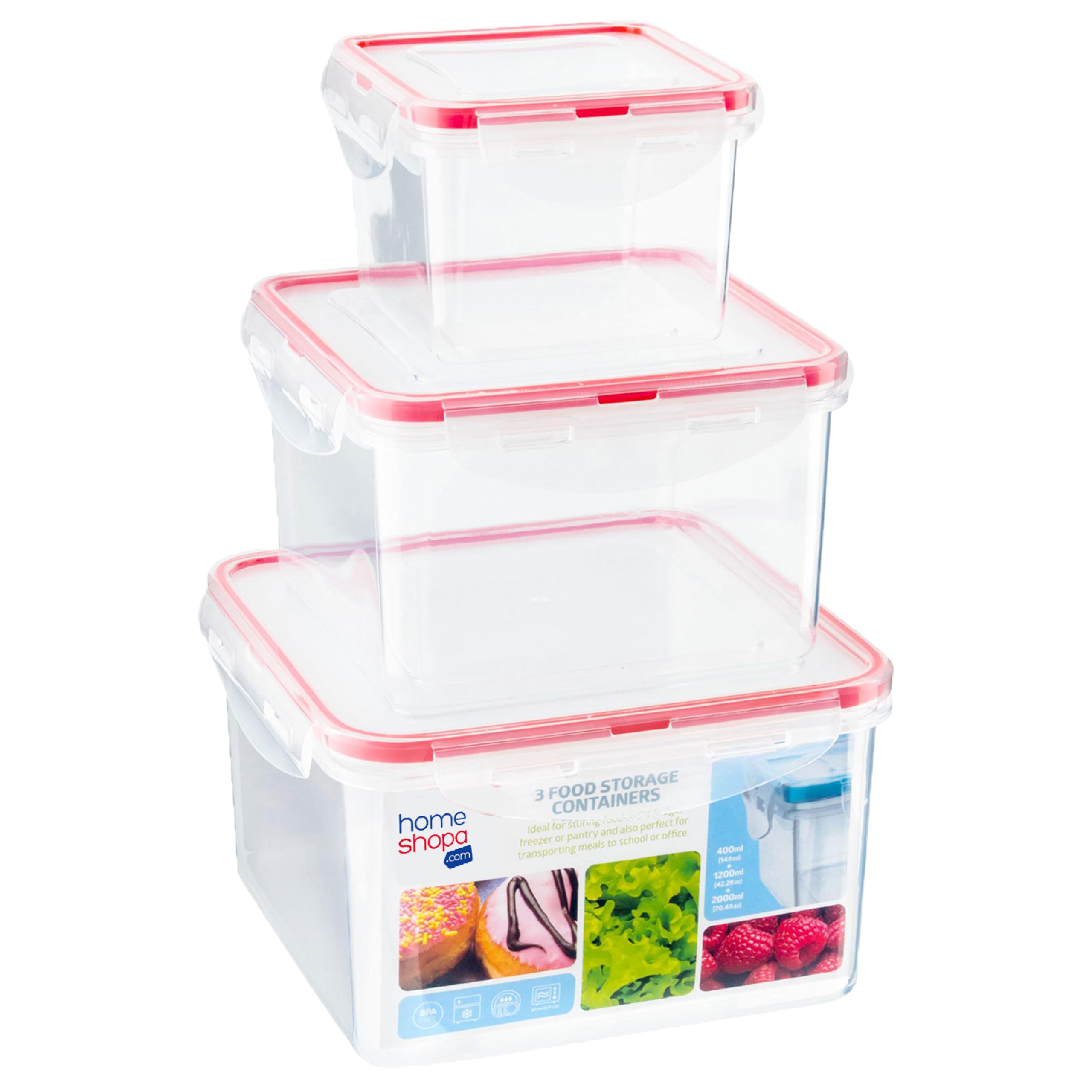 HOMESHOPA Plastic Airtight Food Storage Containers, 3 Pack Square BPA Free Leakproof Stackable Reusable Lunch Boxes, Meal Prep Container for Kitchen & Pantry, Microwave Freezer Dishwasher Safe
