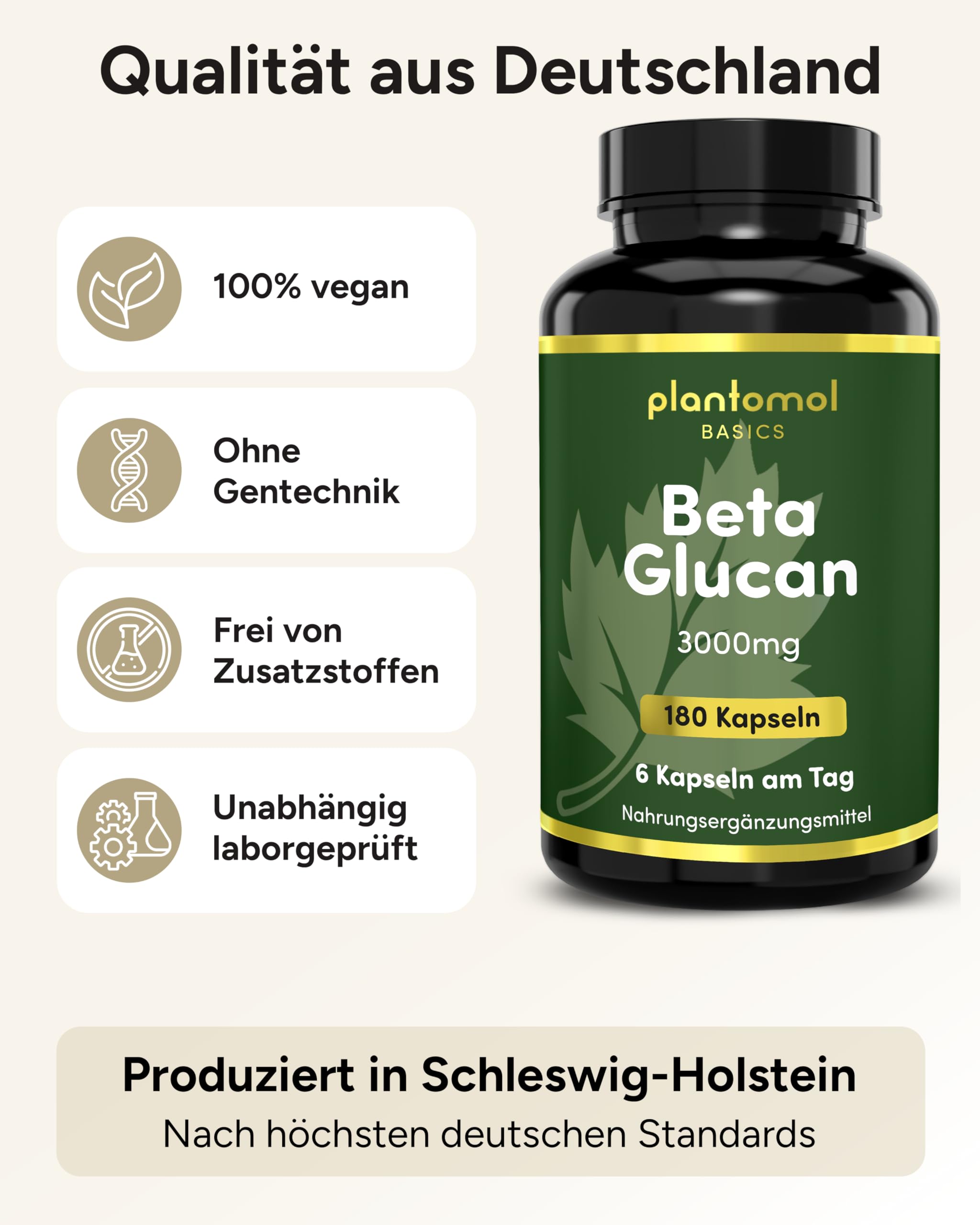 Beta Glucan Kapseln hochdosiert - 3000mg pro Tag - aus Hafer - pflanzliche Ballaststoffe Tabletten vegan - Cholesterin senken Kapseln ¹- plantomol® Essentials