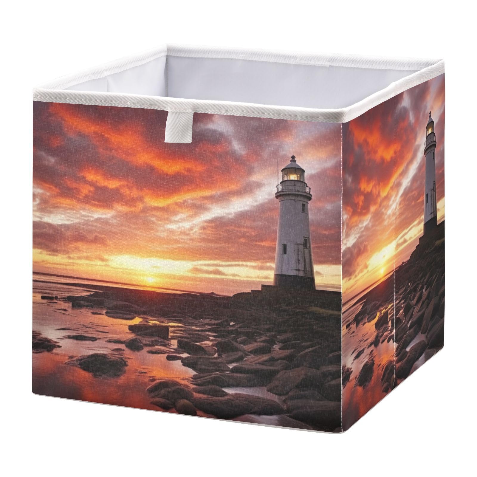 xigua Lighthouse Pattern Storage Cubes 11x11 Inch Foldable Fabric Bins with Handle for Storage and Organization, Ideal Storage Bins for Closet Shelves