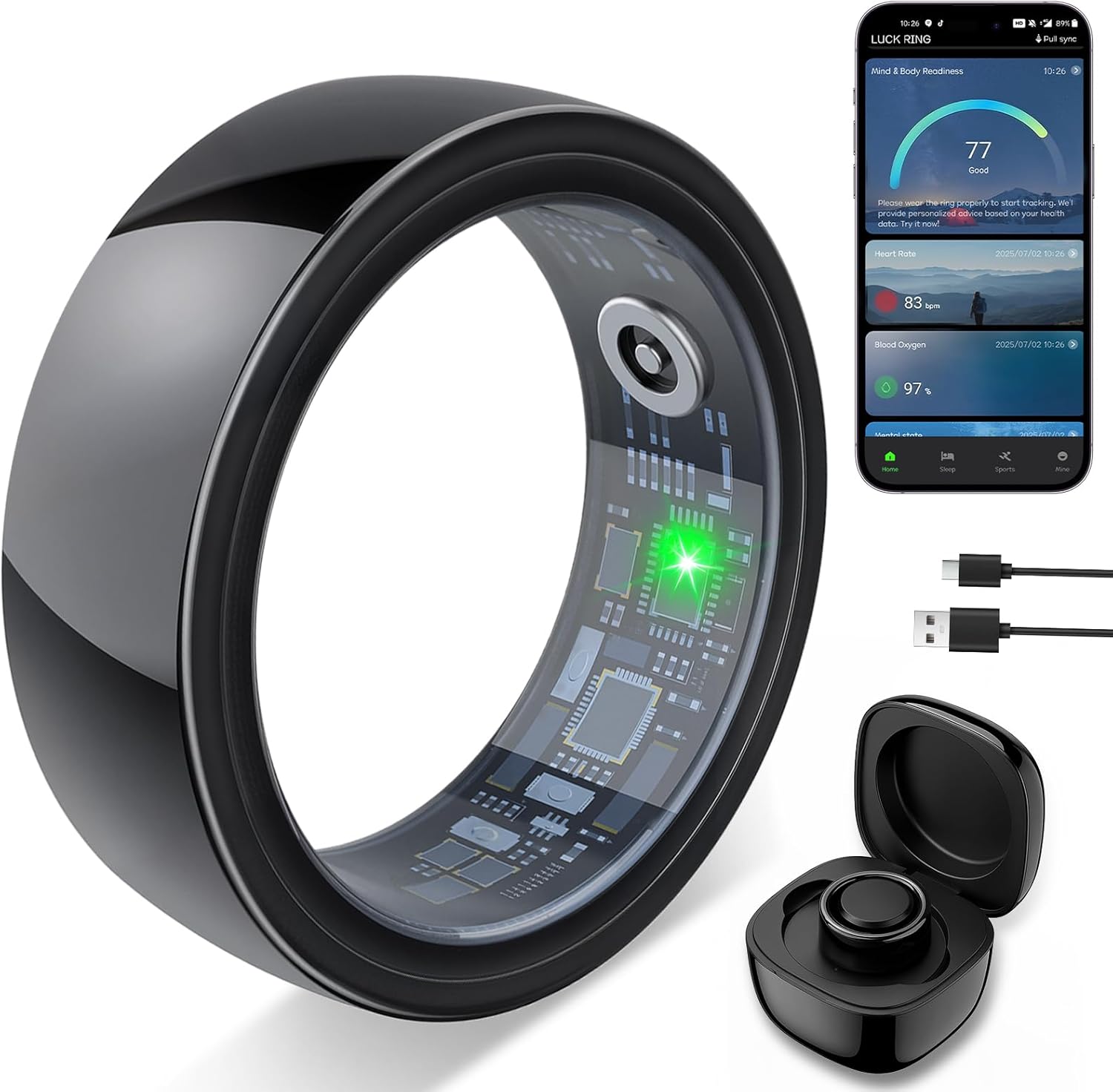 Smart Fitness Ring for Women Men – Health Track Heart Rate, Blood Oxygen, Sleep, Steps, Stress, Skin Temperature, IP68 Waterproof, No Subscription Fee, Compatible with iPhone & Android (Size 11)