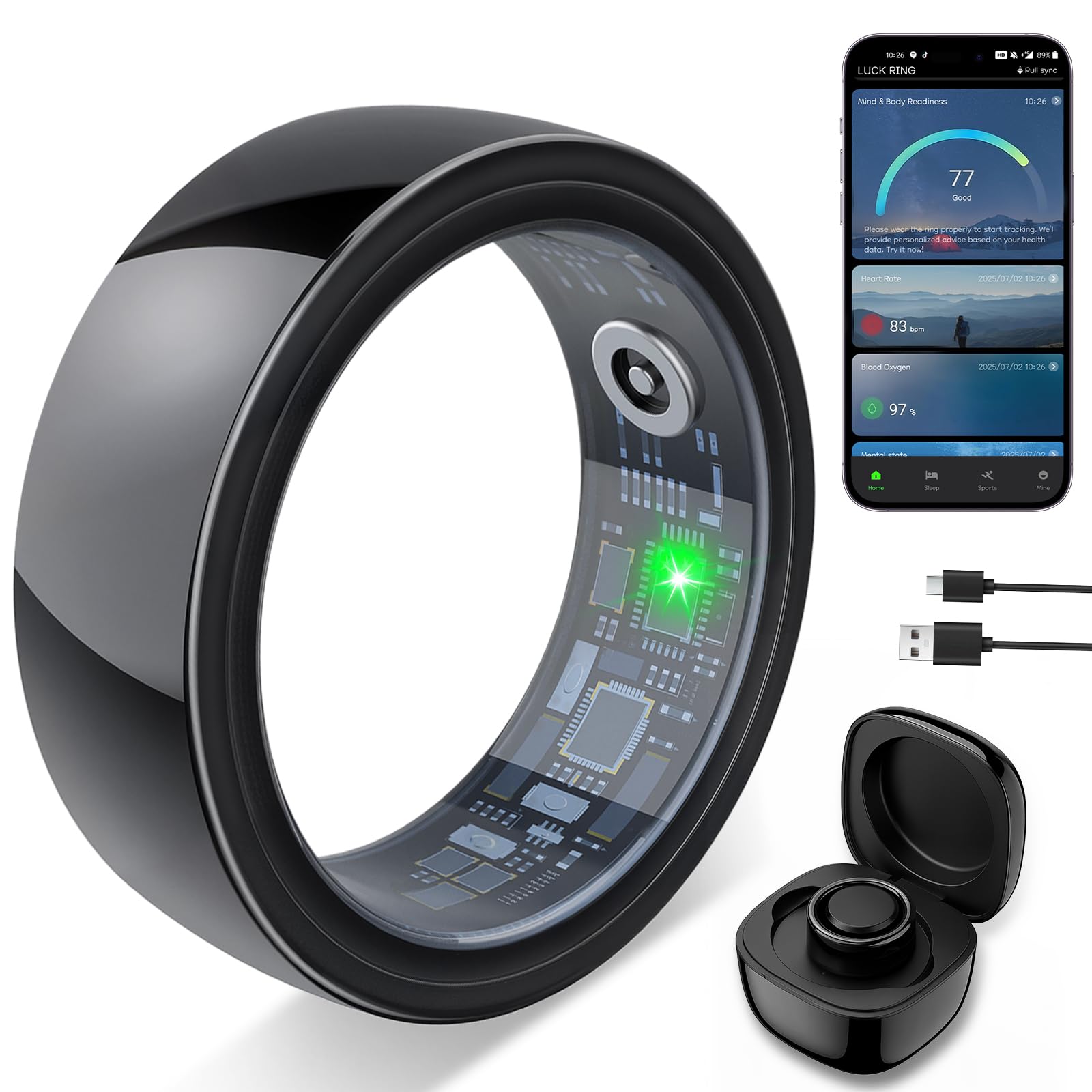 Smart Fitness Ring for Women Men Health Track Heart Rate Blood Oxygen Sleep Steps Stress Skin Temperature IP68